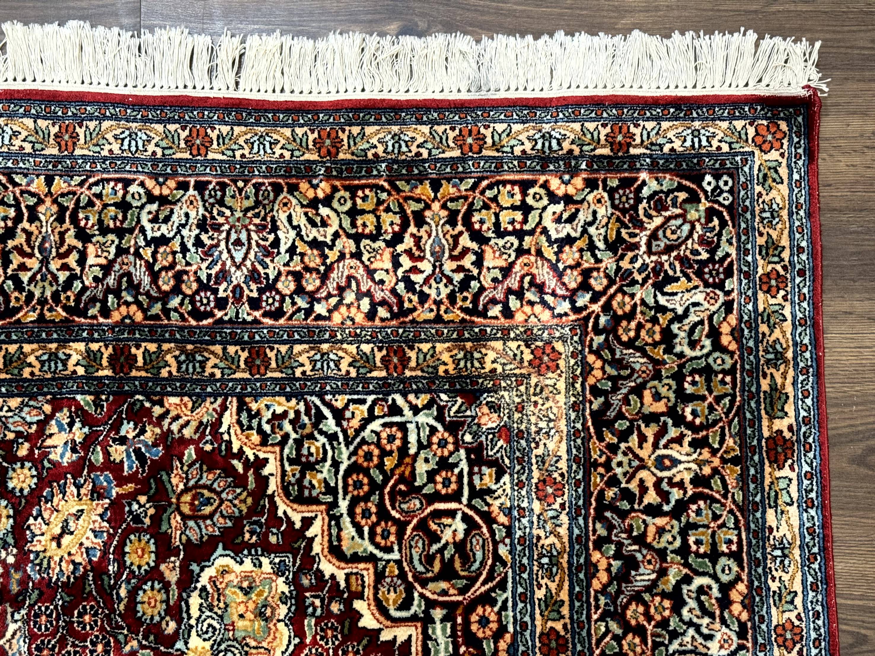 Indian Kashmiri Silk Rug 6x9, Red and Navy Blue, Floral Medallion, Fine 275 KPSI