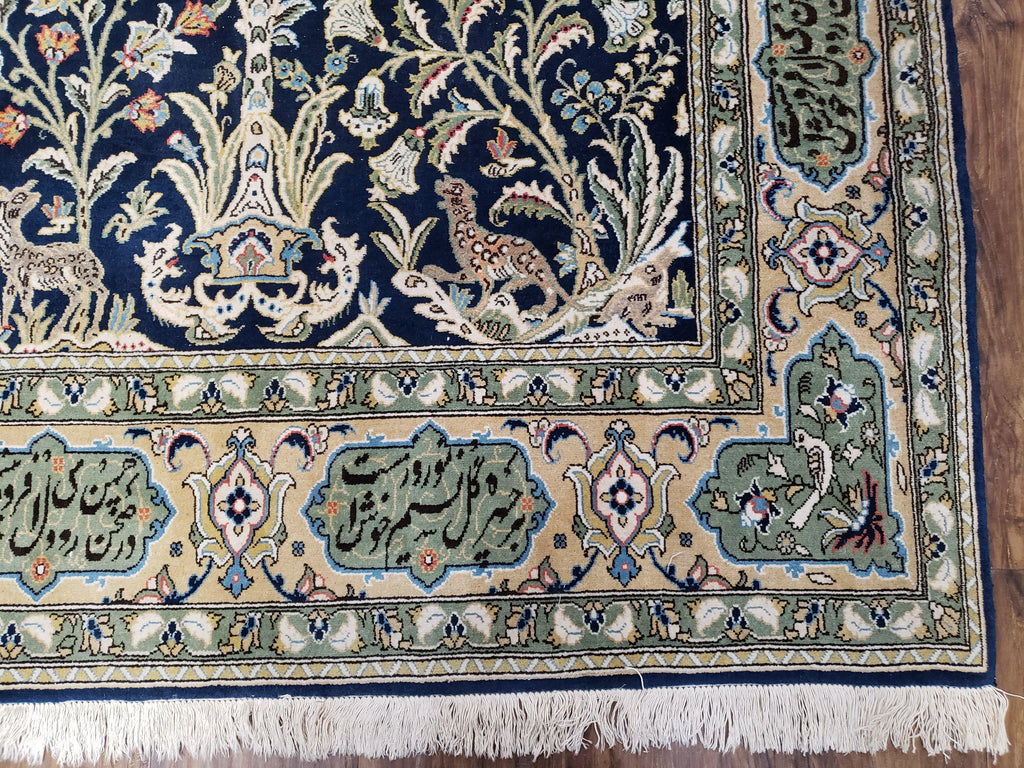 Semi Antique Persian Qum Tree of Life Rug, Hand-Knotted, Wool, Midnight Blue and Tan, Animal Pictorials, Written Poem in Borders, 4' 8" x 7' 8"