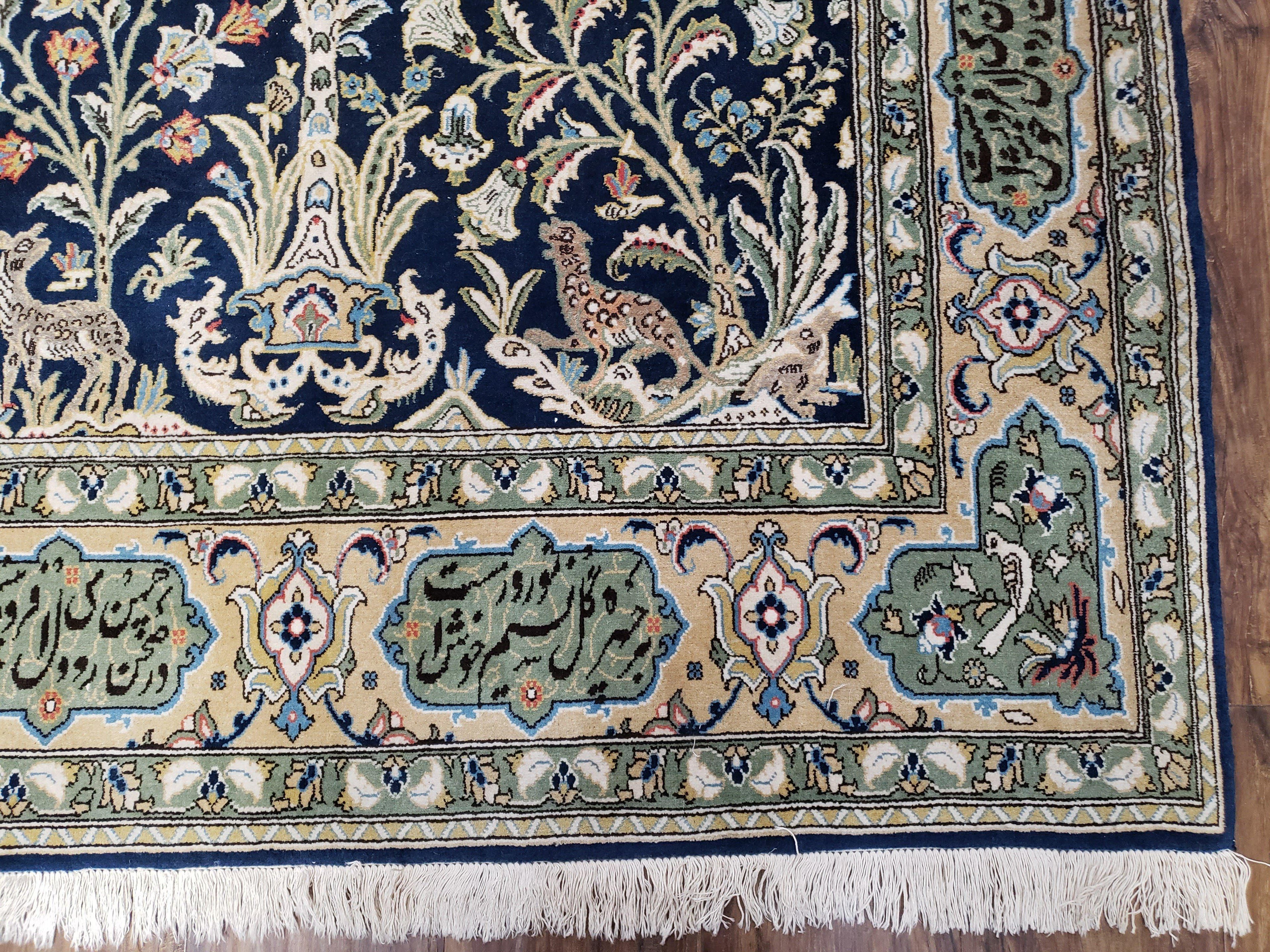 Semi Antique Persian Qum Tree of Life Rug, Hand-Knotted, Wool, Midnight Blue and Tan, Animal Pictorials, Written Poem in Borders, 4' 8" x 7' 8"