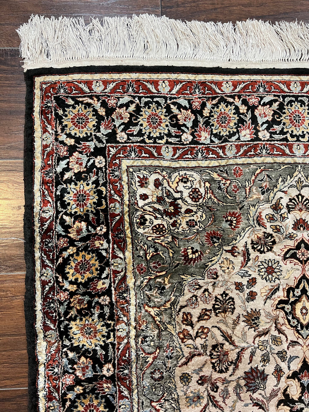 Silk Sino Persian Rug 3x5, Floral Medallion, Hand Knotted Silk Pile Silk Foundation, Traditional Silk Handmade Oriental Carpet, Cream Black