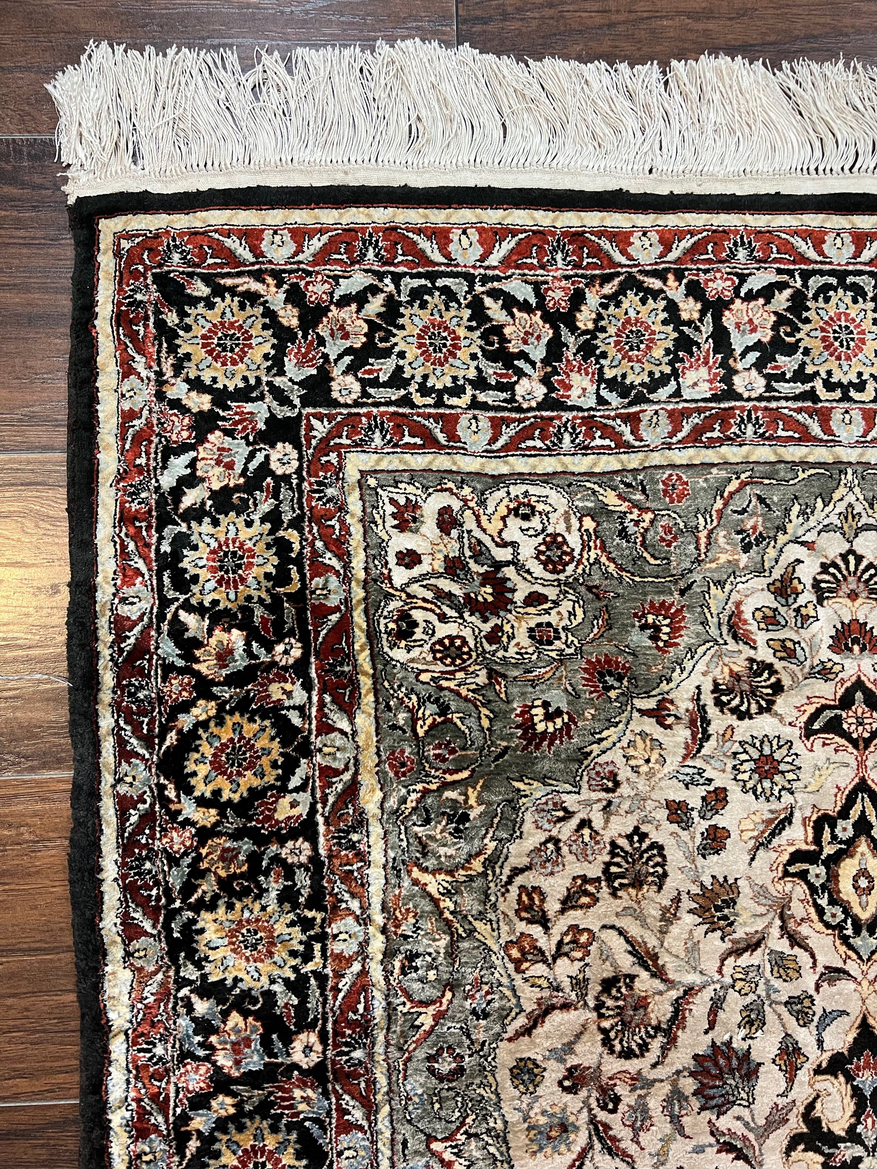 Silk Sino Persian Rug 3x5, Floral Medallion, Hand Knotted Silk Pile Silk Foundation, Traditional Silk Handmade Oriental Carpet, Cream Black