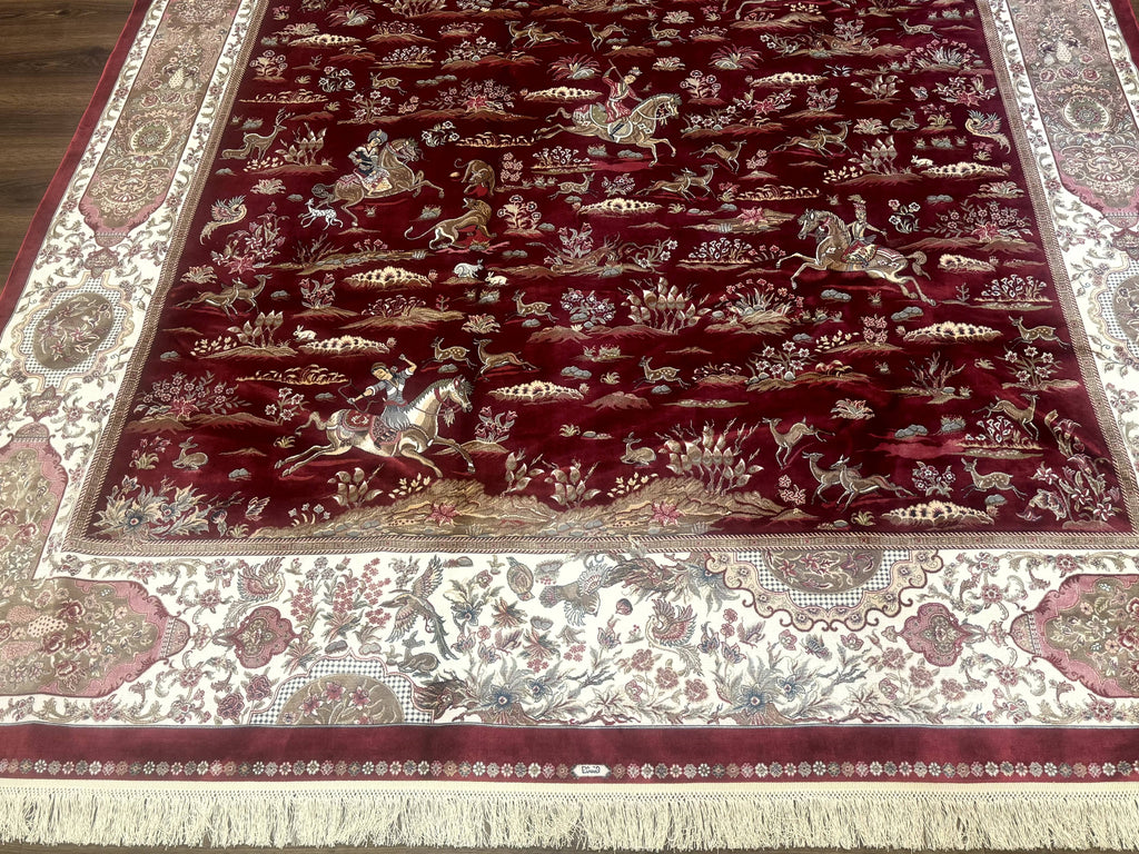 Turkish Silk Rug 8x10, Red & Ivory, Hunting Design, Bamboo Silk, New
