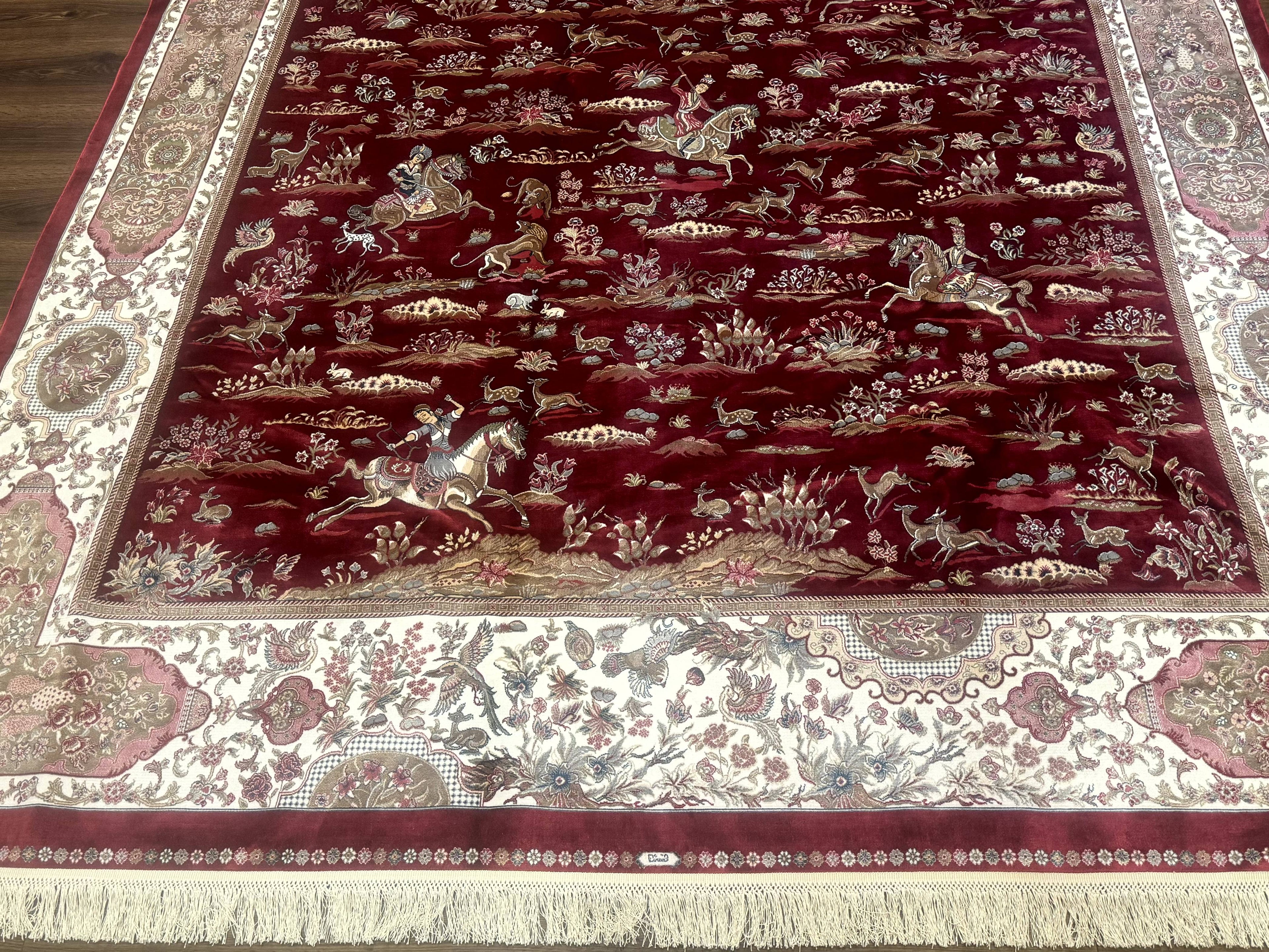 Turkish Silk Rug 8x10, Red & Ivory, Hunting Design, Bamboo Silk, New