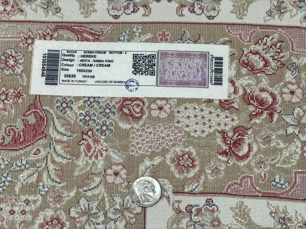 Turkish Silk Rug 5x8, Ivory, Hunting Design, Animal Pictorials, Bamboo Silk