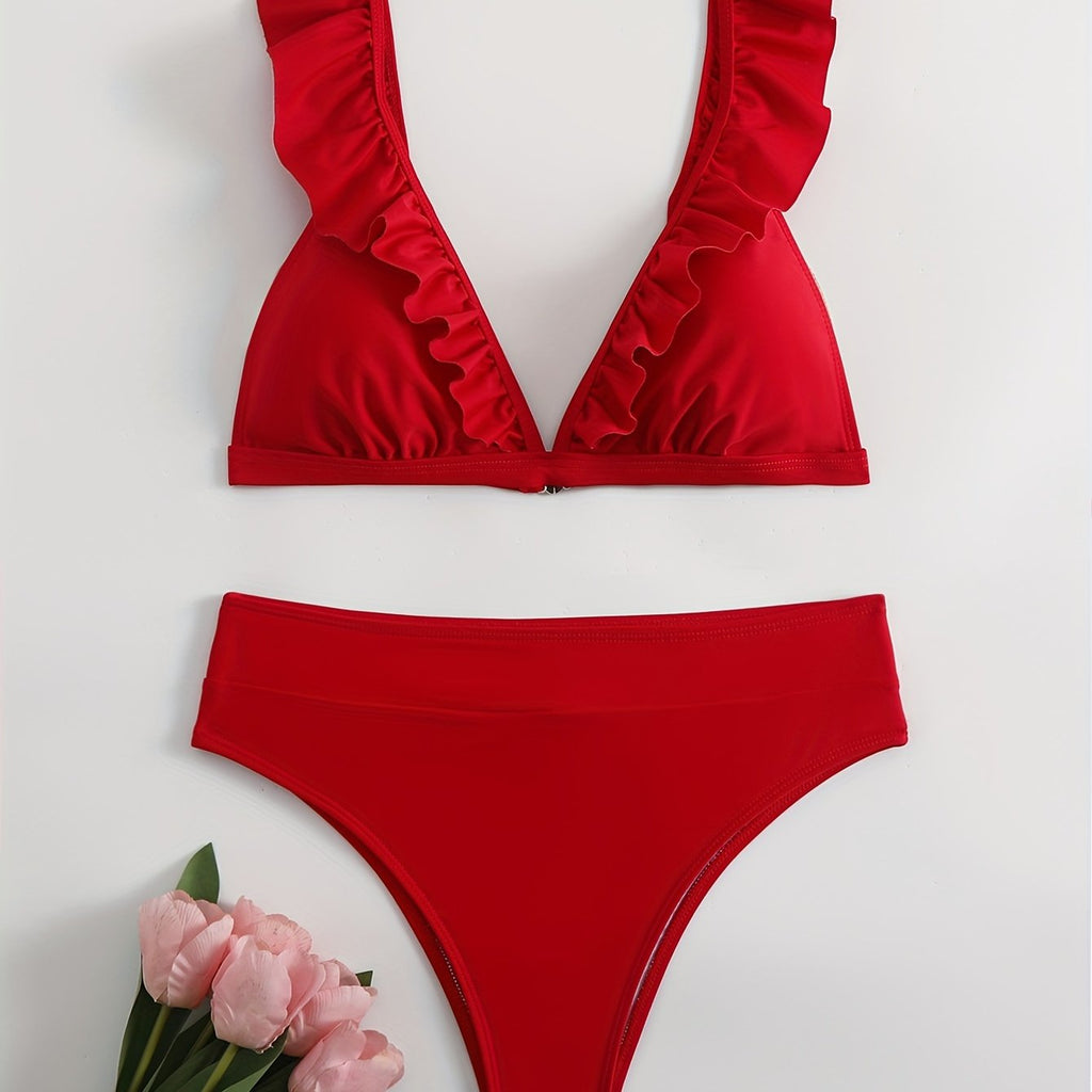 New Elegance Curve V-Neck Bikini Set – Sleek Solid Color High Waist Swimsuit with High-Cut Leg and Delicate Lettuce Trim – Stretch Comfort and Easy-Care Two-Piece Swimwear for Women’s Poolside Style
