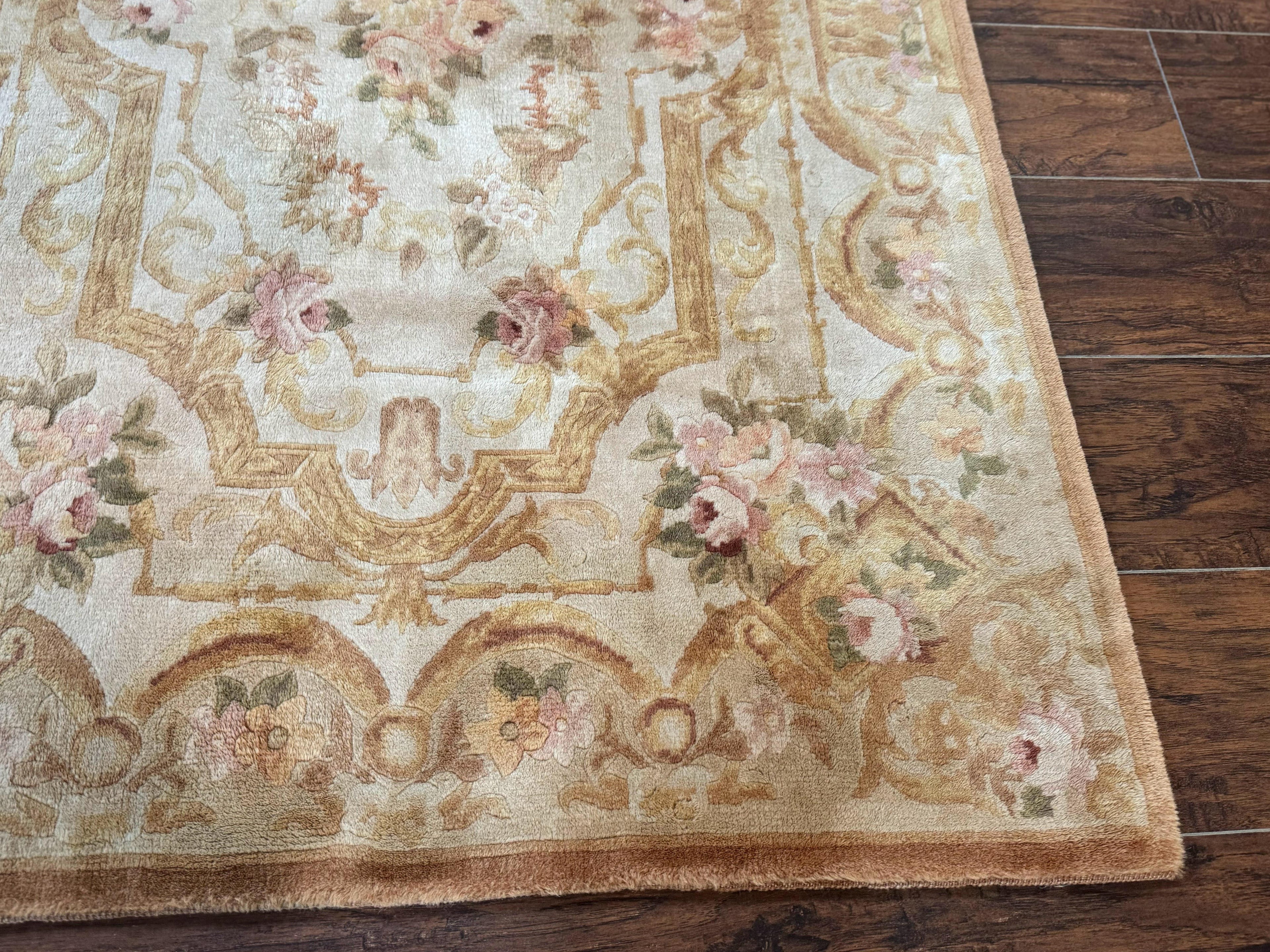 Chinese Aubusson Rug 3.6 x 5, Beige and Gold, Handmade Vintage Elegant European Design Carpet, Plush Wool, Handmade