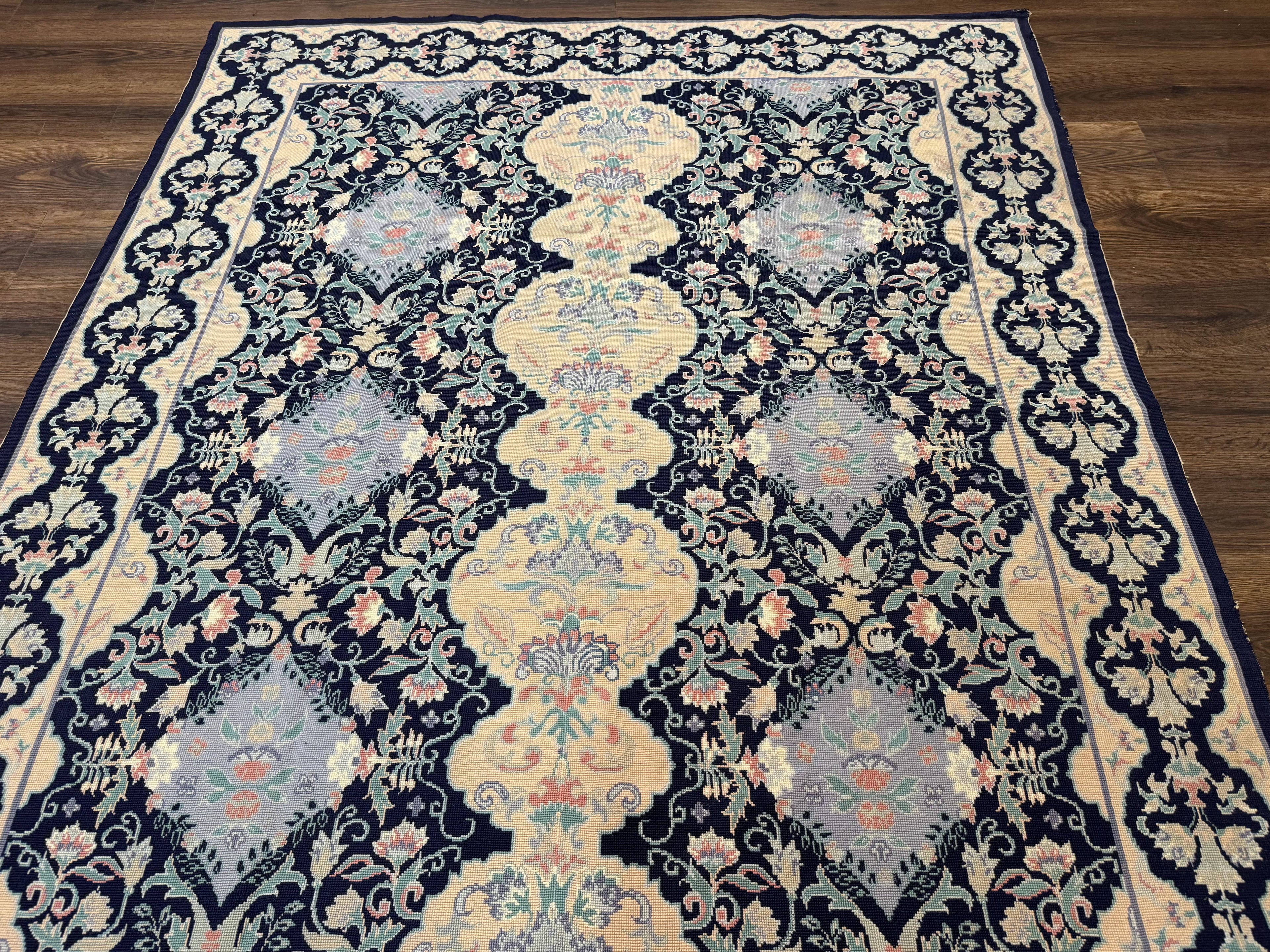 Needlepoint Rug 6x9, Ivory and Navy Blue