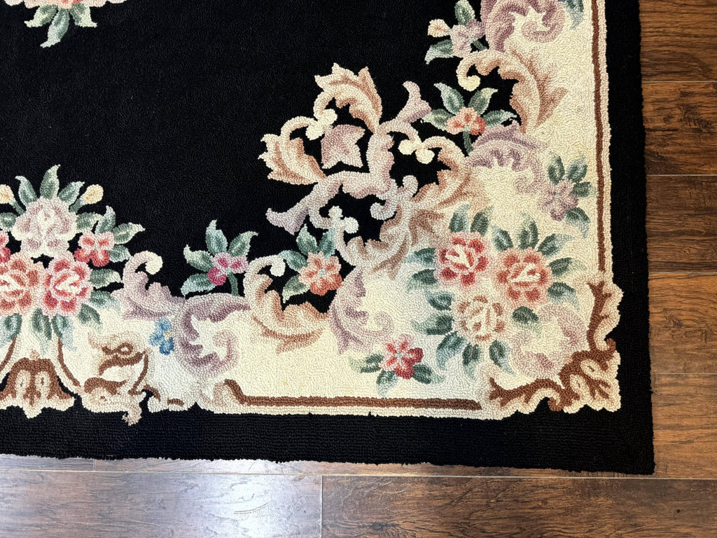 Aubusson Rug 8x11, Black and Ivory, Hooked Rug, Vintage, Wool