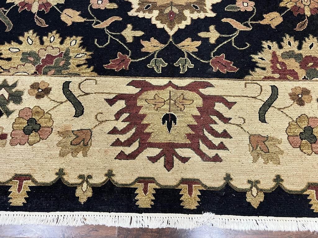 Indo Persian Rug 10x14, Wool Handmade Room Sized Floral Oriental Carpet, Indian Mahal Flatweave Rug, Black Beige