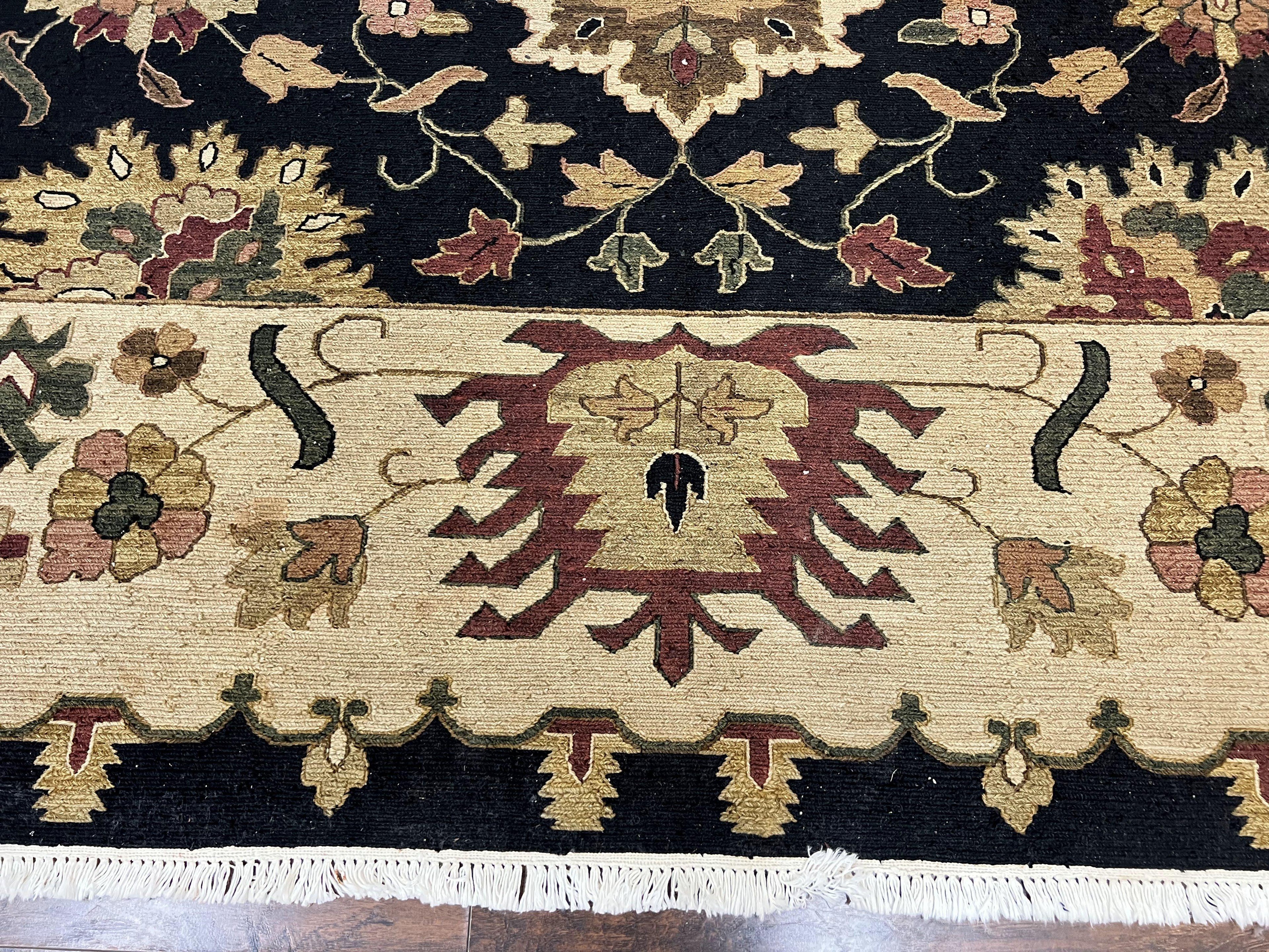 Indo Persian Rug 10x14, Wool Handmade Room Sized Floral Oriental Carpet, Indian Mahal Flatweave Rug, Black Beige
