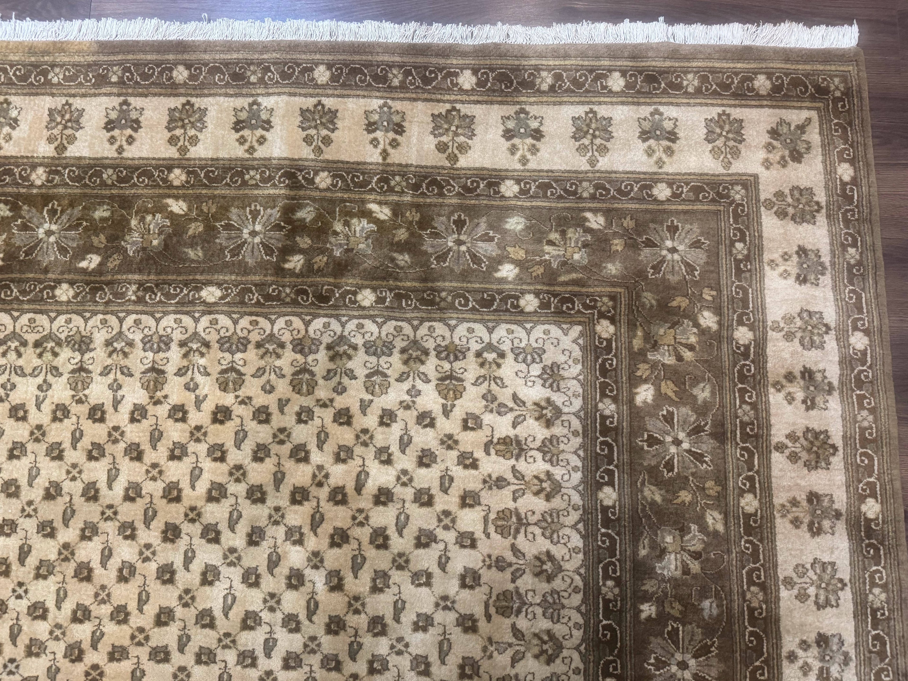 Indo Persian Rug 8x10, Allover Pattern, Beige, Wool Handmade Carpet