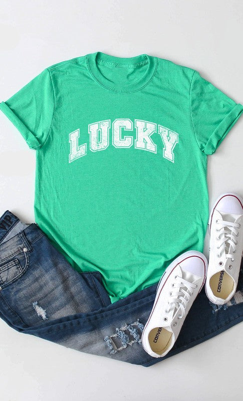 Distressed Varsity Lucky St Patricks Graphic Tee T-Shirt