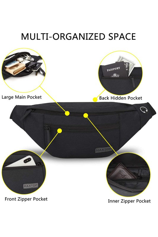 Large Crossbody Fanny Pack with 4-Zipper Pockets