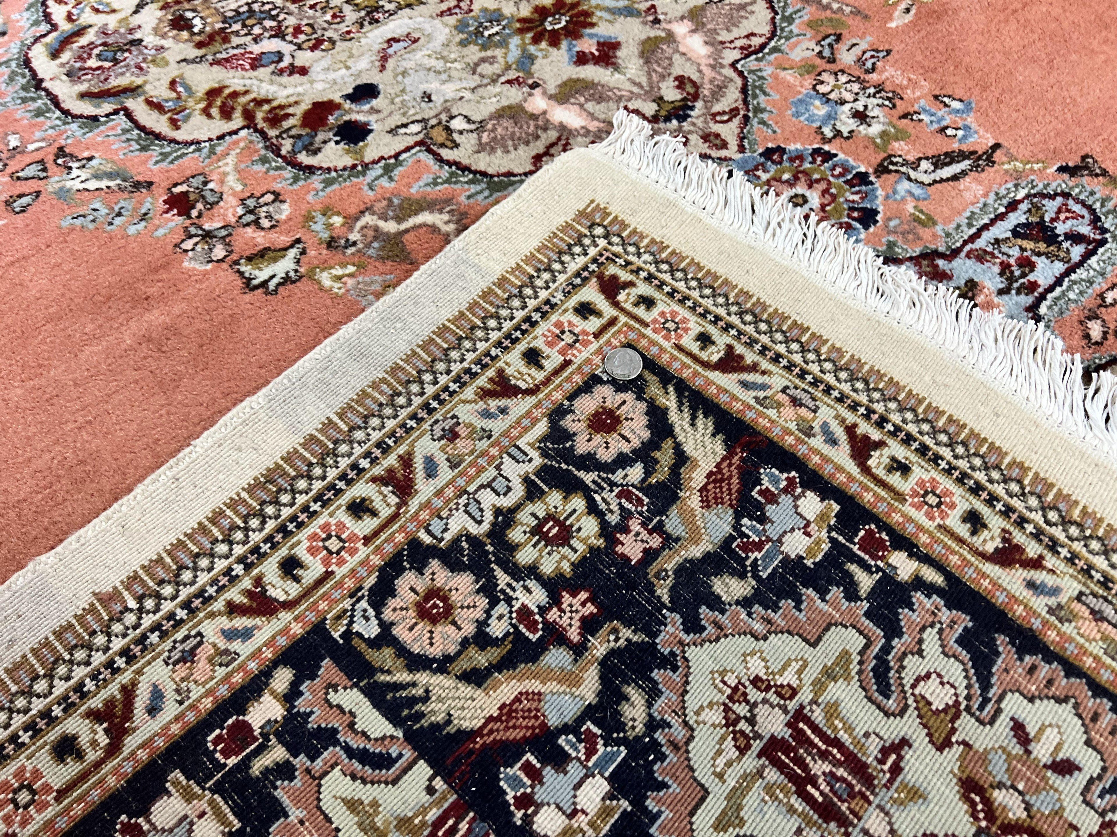 Persian Tabriz Rug 10x13, Wool Hand Knotted Vintage Carpet, Salmon Red & Ivory, Semi Open Field, Birds & Animal Motifs, Large Rug