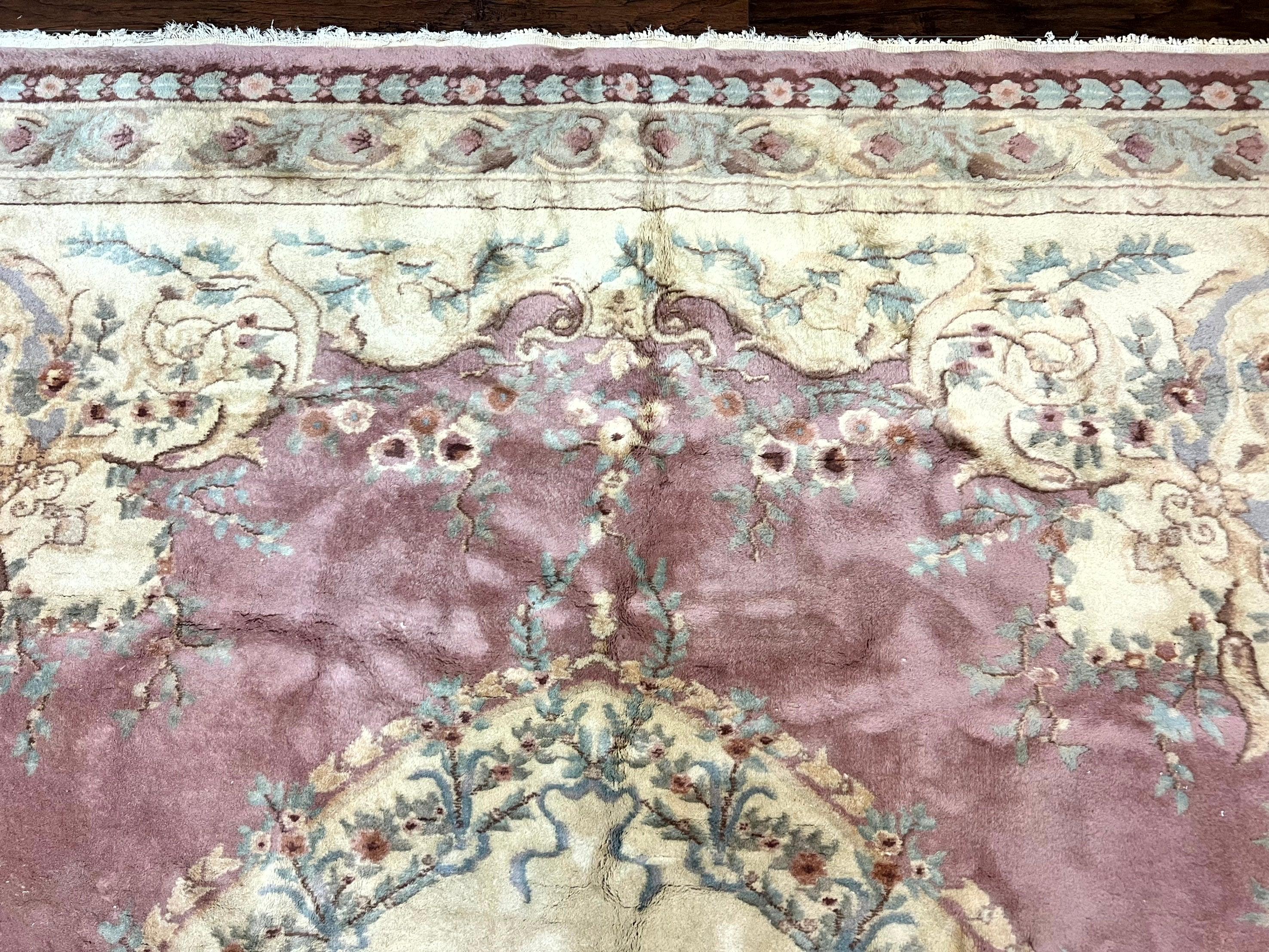 Indo Chinese Aubusson Wool Rug 10x14, Pink and Cream, Handmade Vintage Wool Carpet, Elegant European Design