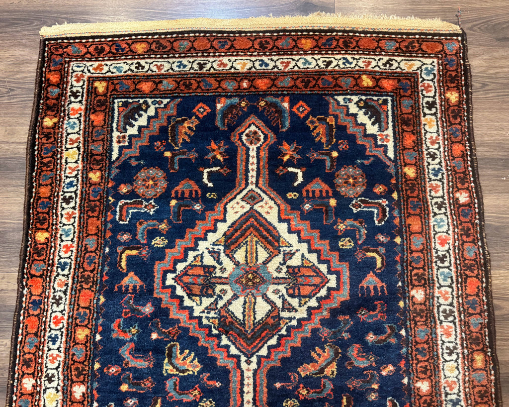 Antique Persian Hamadan Rug 4x6, Geometric, Double Medallions, Navy Blue, Tribal Carpet