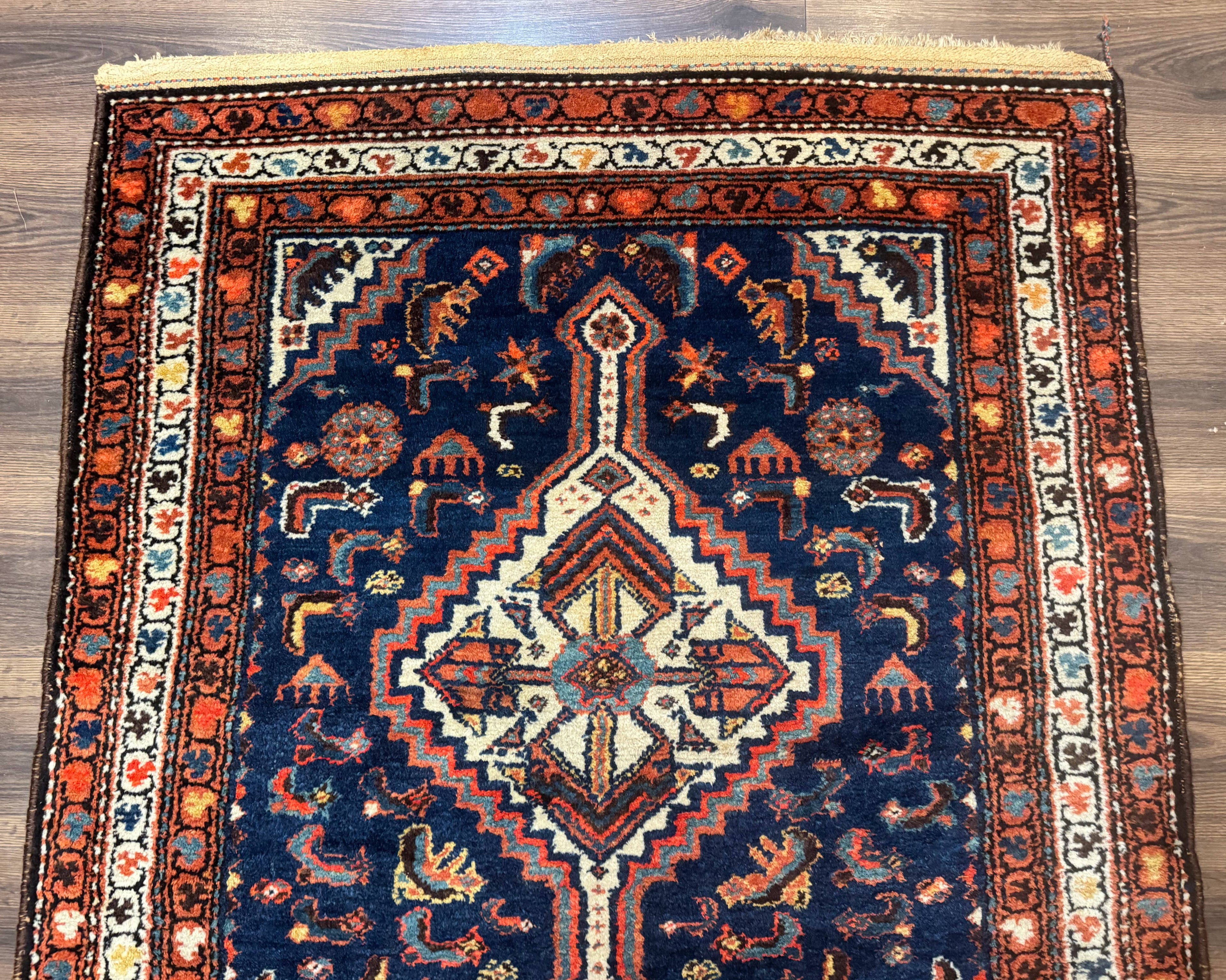 Antique Persian Hamadan Rug 4x6, Geometric, Double Medallions, Navy Blue, Tribal Carpet