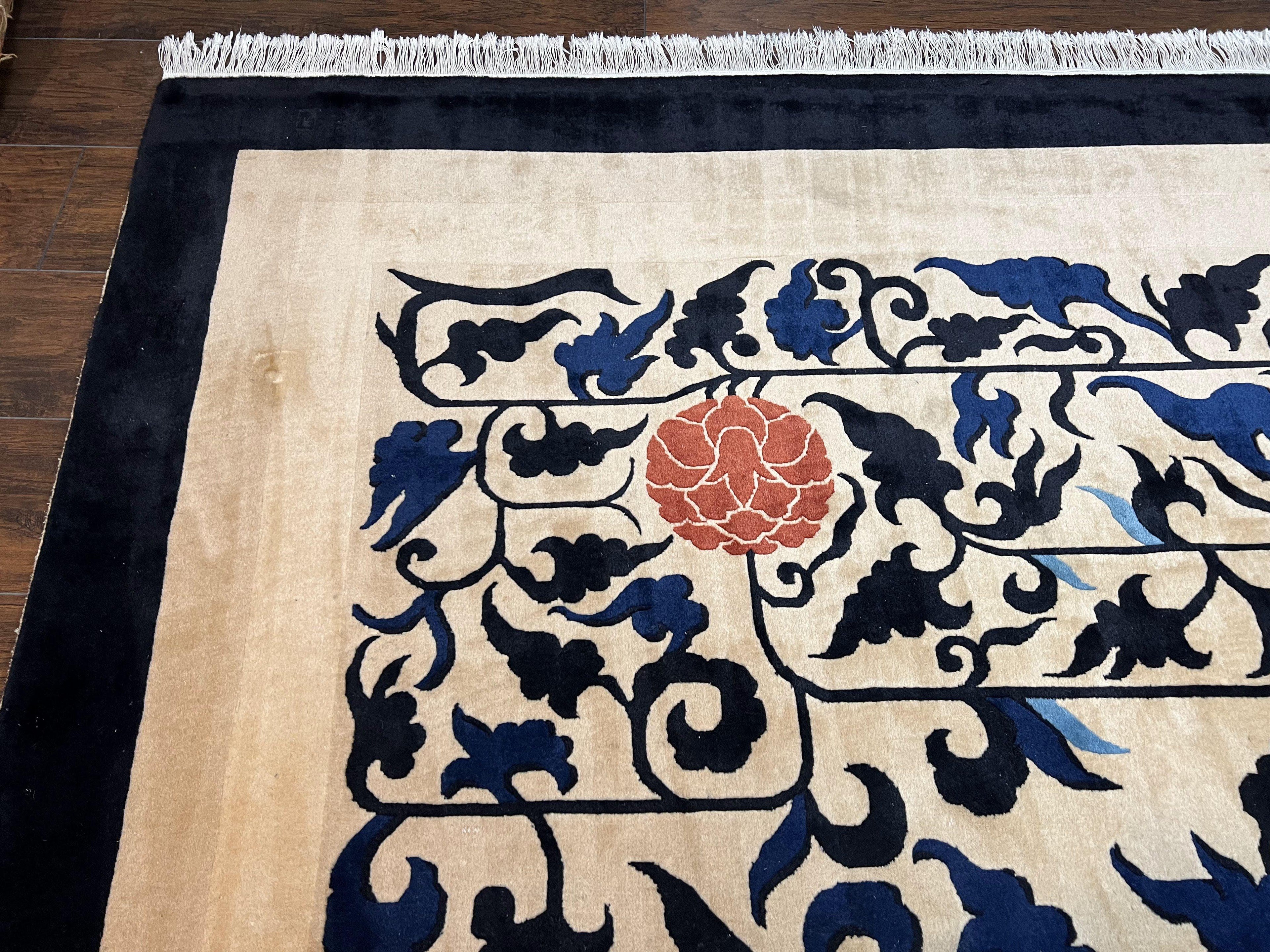 Antique Chinese Peking Rug 10x14, Beige Black, Handmade Wool Art Deco Carpet