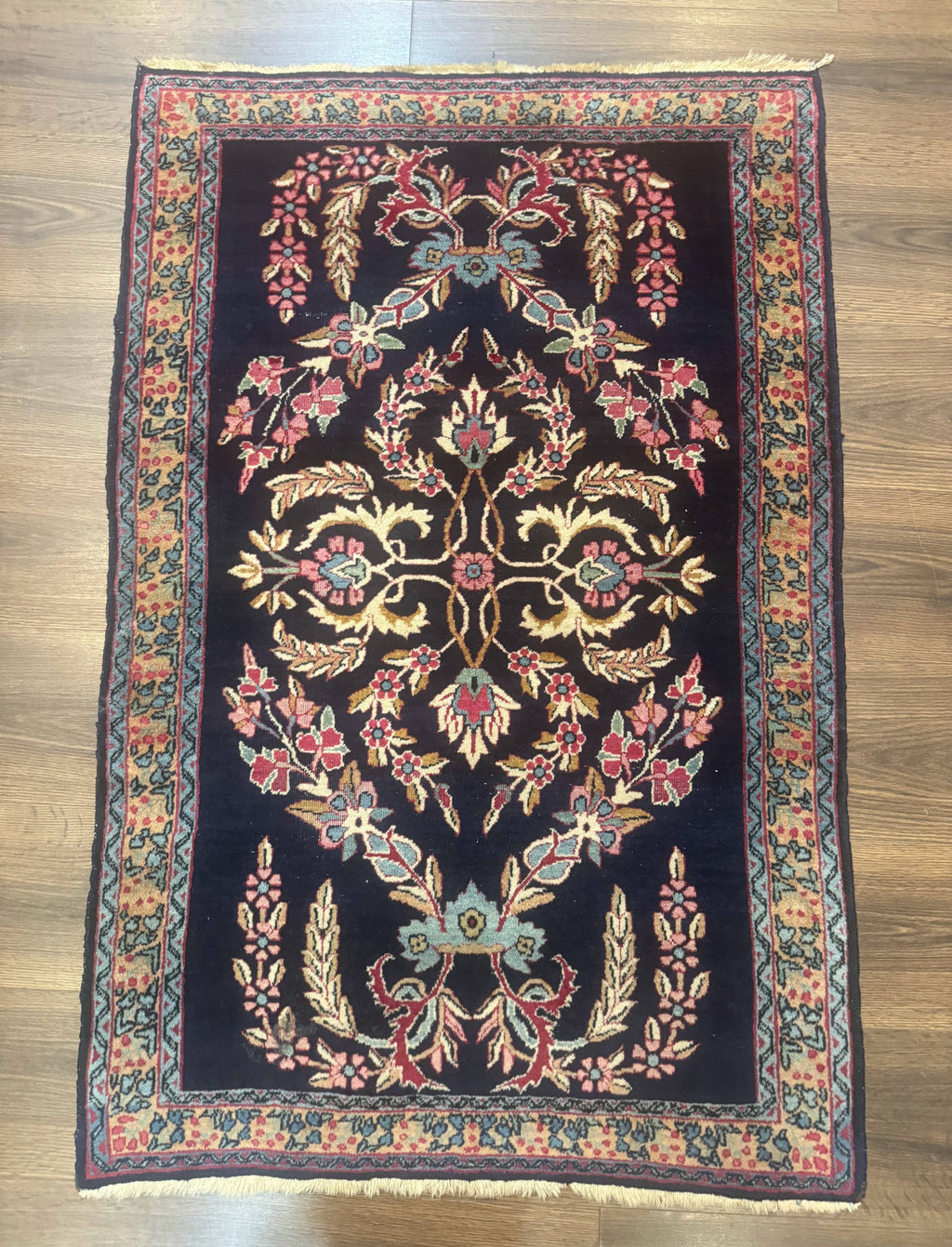 Antique Persian Kerman Rug 2.8 x 4, Navy Blue, Floral