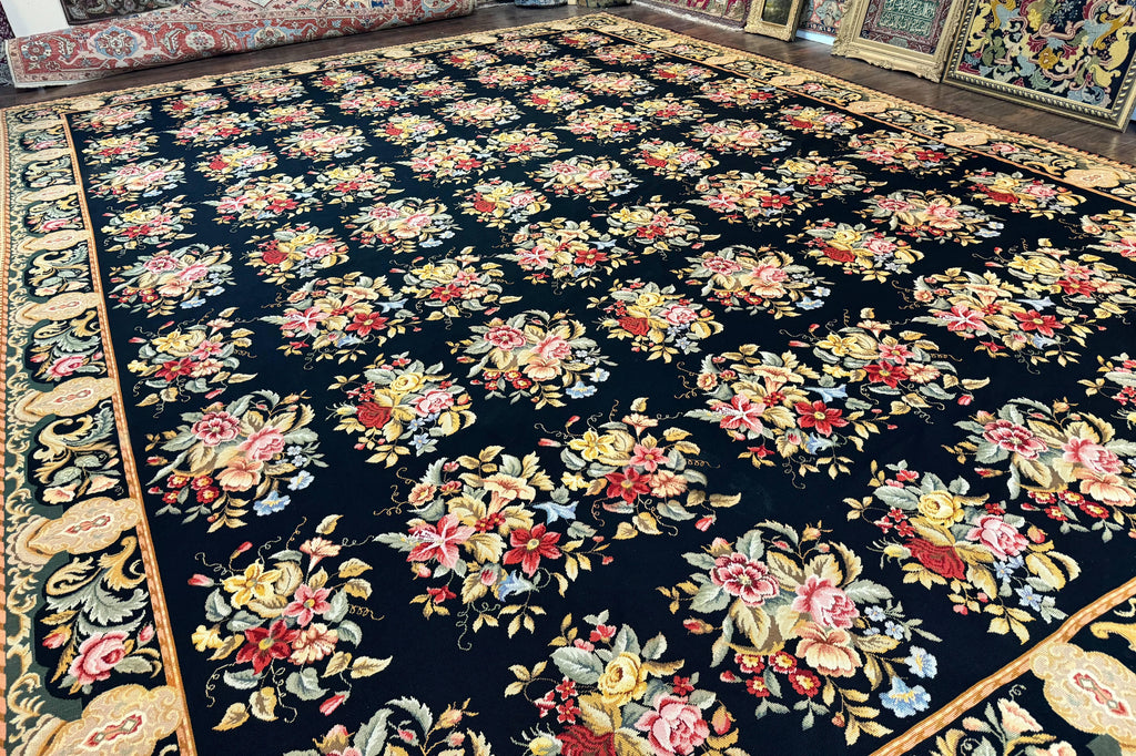 Palace Size Needlepoint Rug 12x16, Black and Colorful, Floral Panel, Handmade Oversized Wool Needlepoint Carpet, Rare