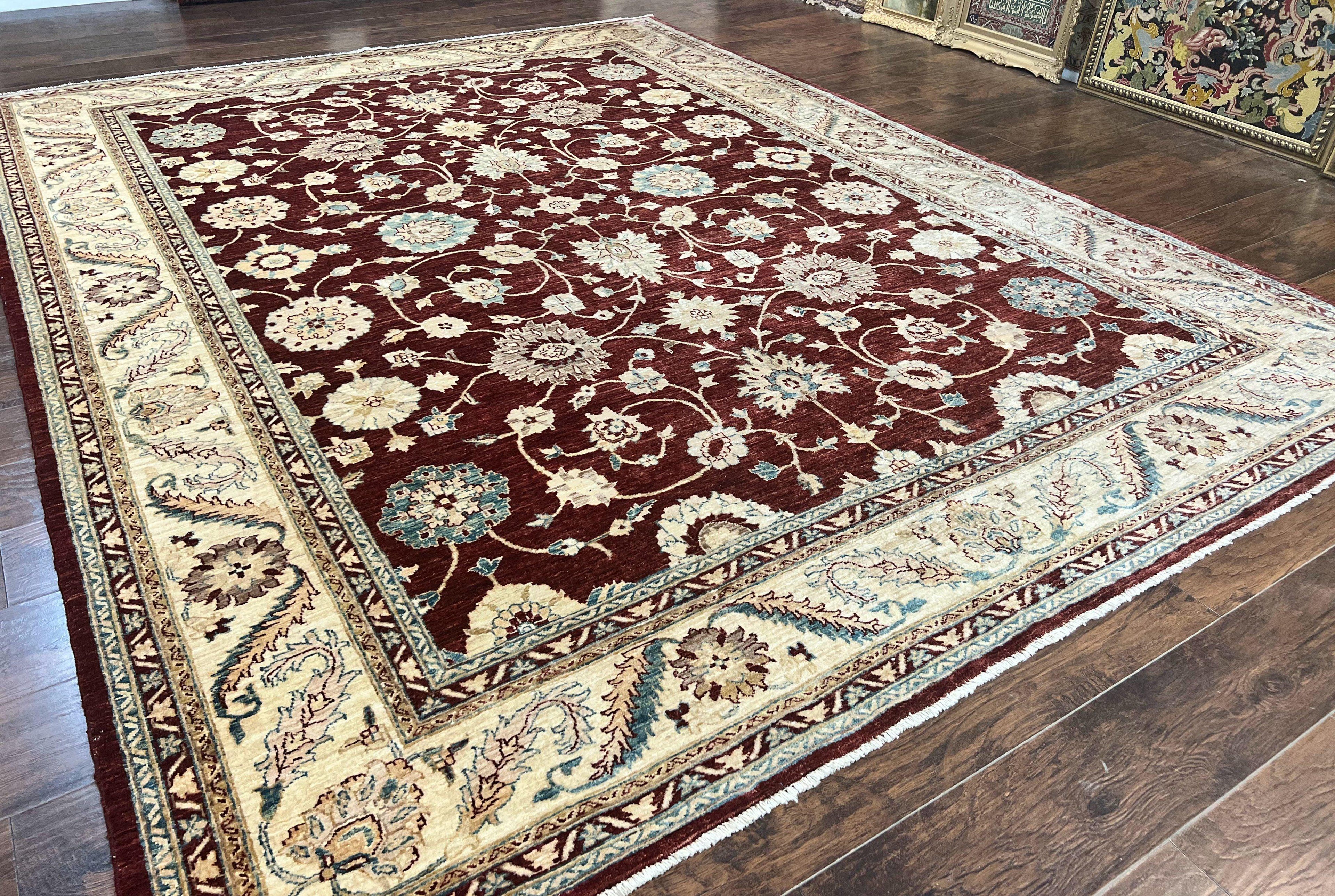 Peshawar Rug 9x11, Pakistani Oriental Carpet, Maroon and Beige, Floral Allover, Wool Hand Knotted Handmade Vintage Rug