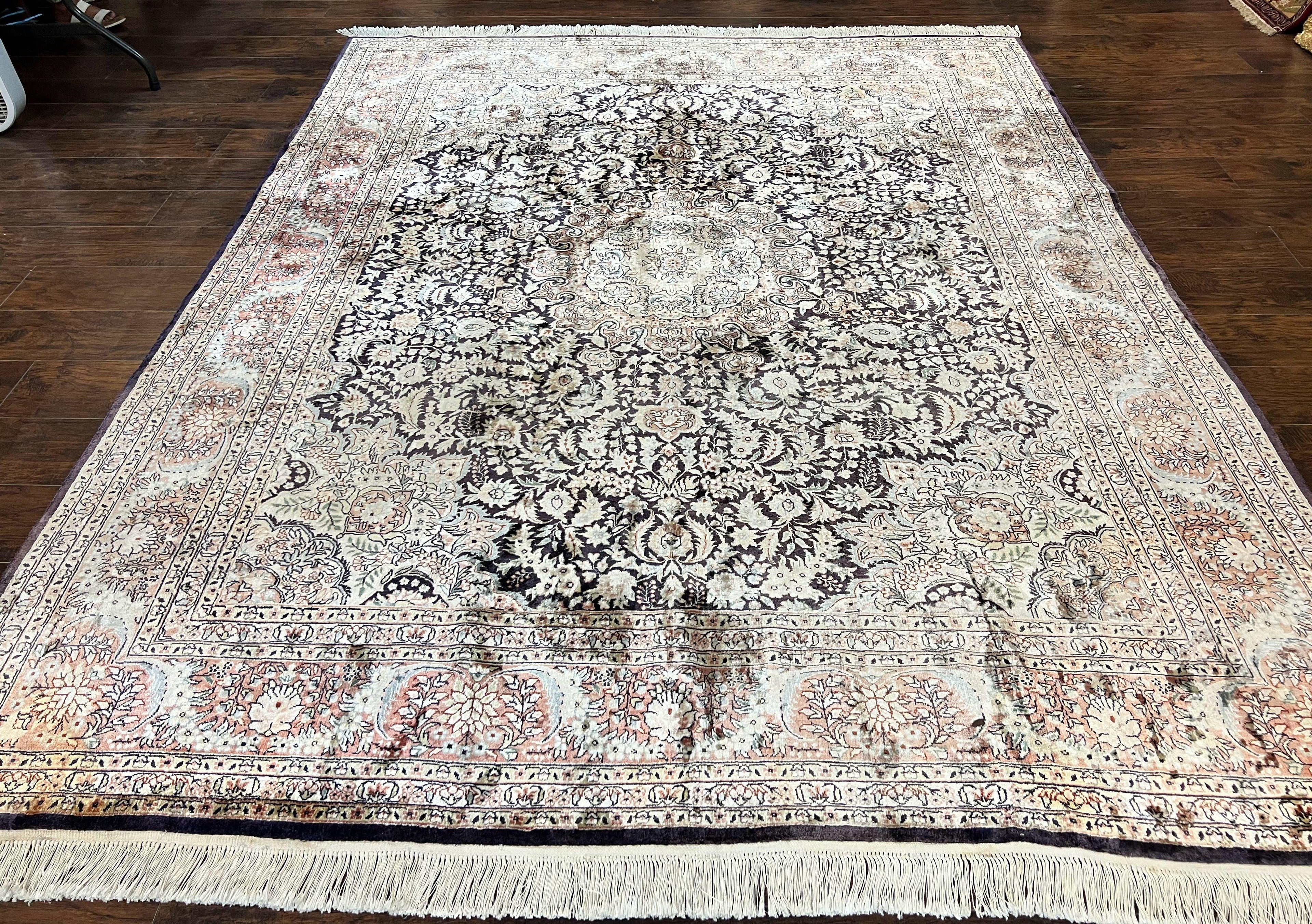 Silk Indian Kashmiri Rug 8x10, Floral Medallion, Indo Persian Carpet, Handmade Vintage Silk Rug