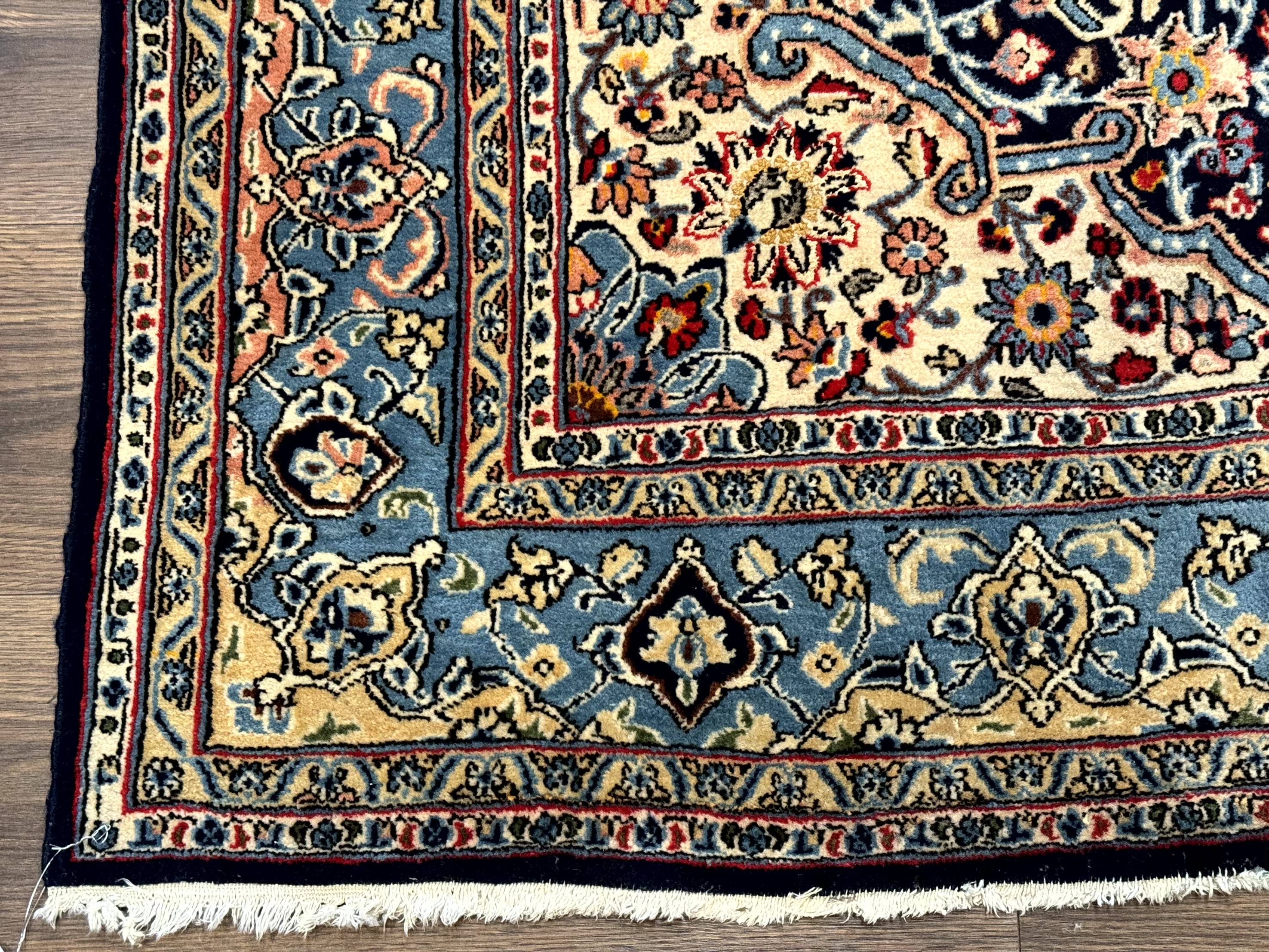 Persian Qum Rug 5x7 in Navy Light Blue and Ivory, Wool wilh Silk Highlights, 225 KPSI