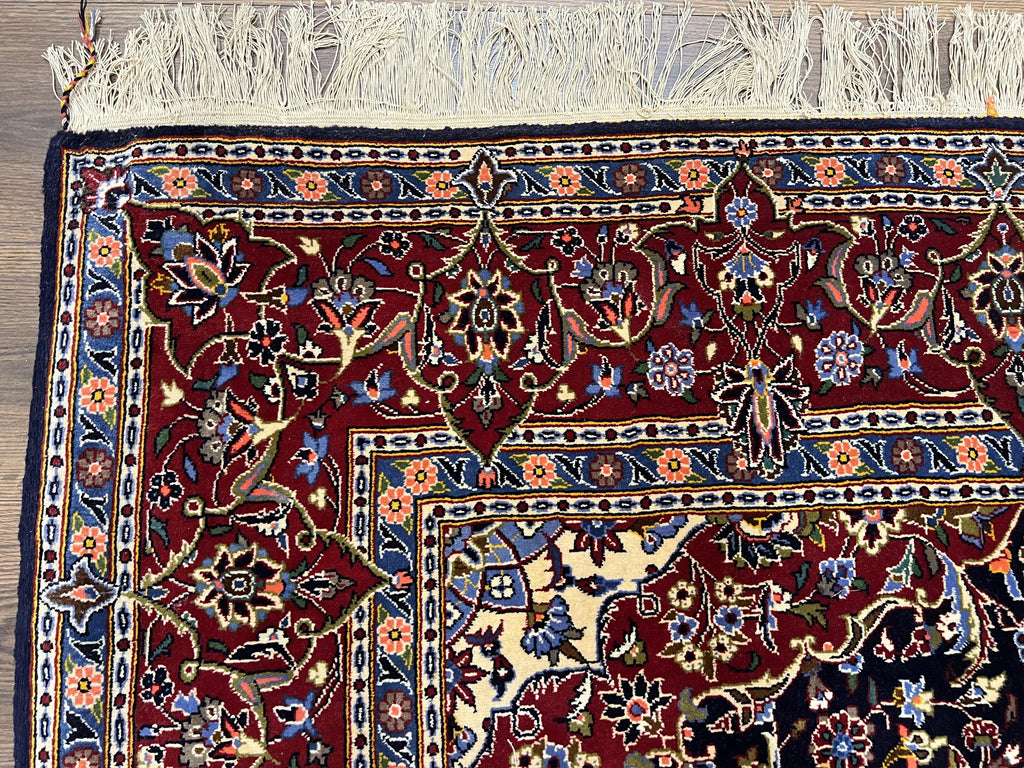 Dark Blue Persian Rug 5x8, Kork Wool Semi Antique Kashan Carpet, Very Fine Lachak Toranj Rug, Hand Knotted Floral Medallion Rug, 5 x 8 Oriental Rug