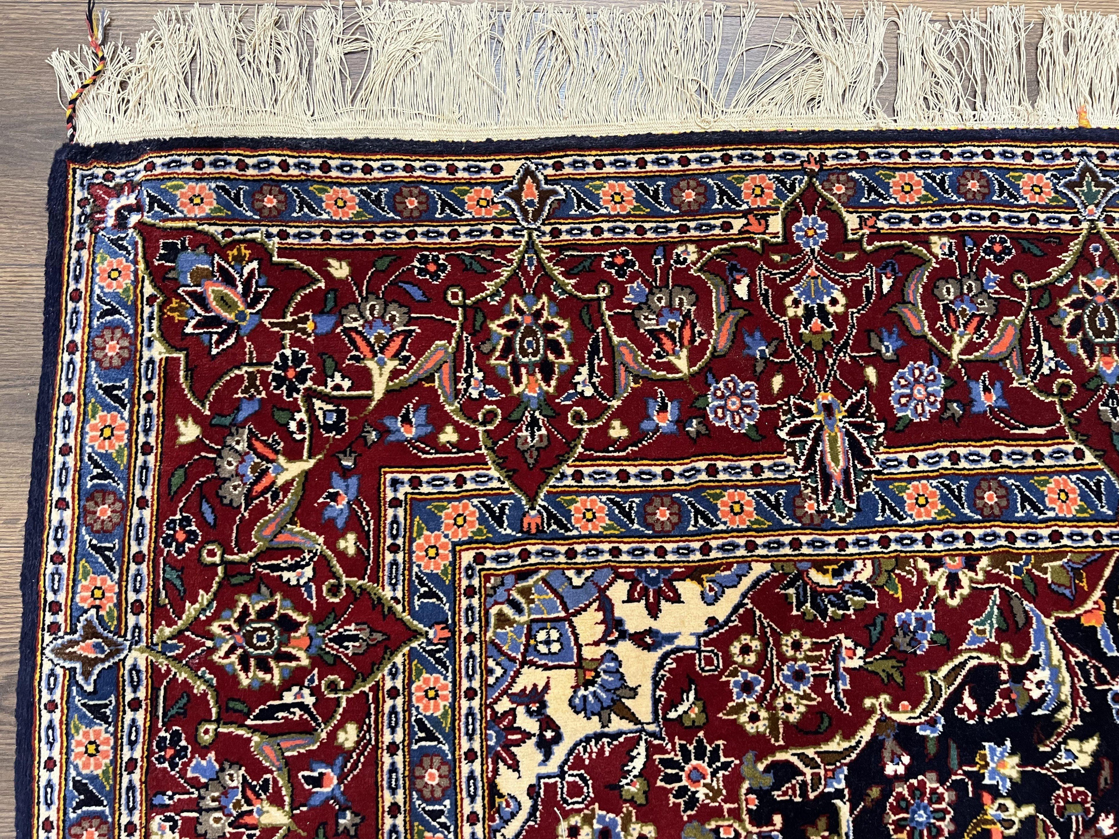 Dark Blue Persian Rug 5x8, Kork Wool Semi Antique Kashan Carpet, Very Fine Lachak Toranj Rug, Hand Knotted Floral Medallion Rug, 5 x 8 Oriental Rug