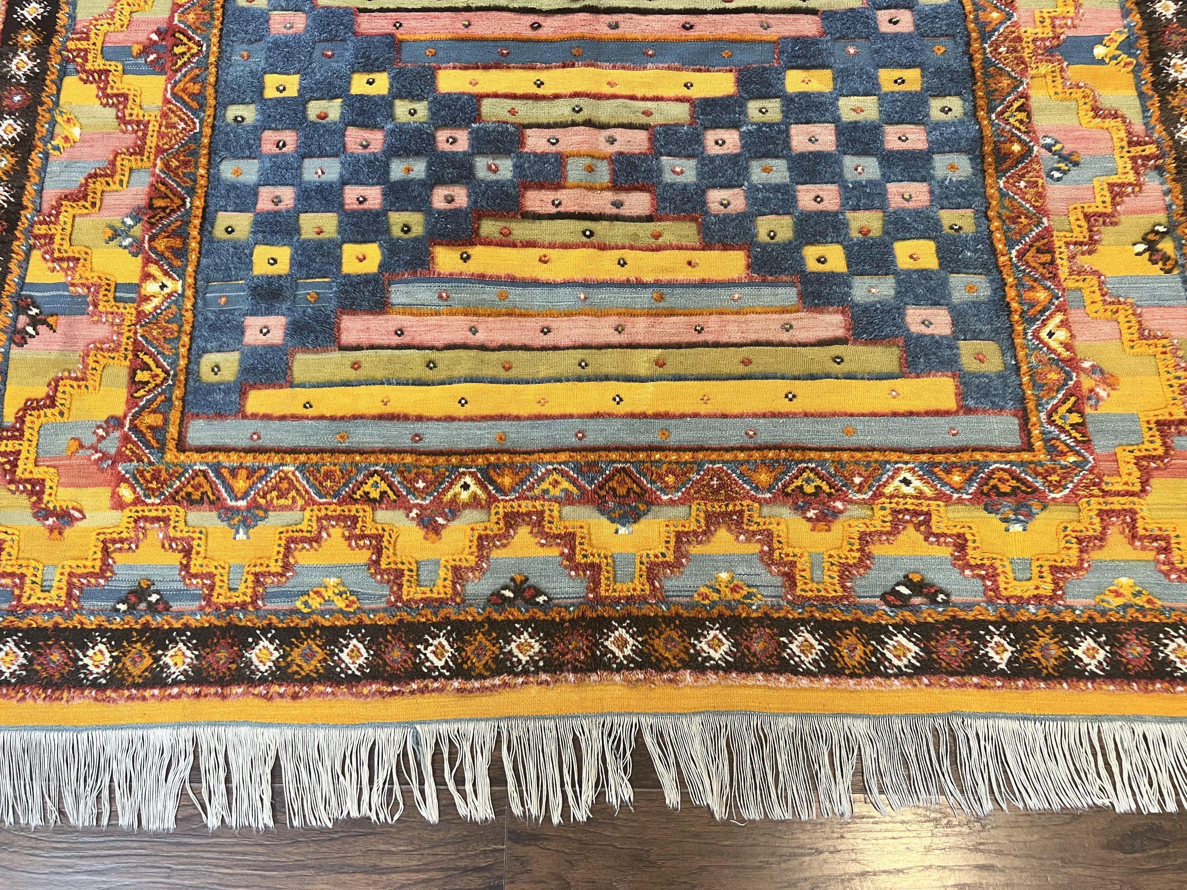 Colorful Moroccan Rug 7x8, Abstract Design, Wool Multicolor Handmade Vintage Carpet, Tribal Rug, Berber Rug