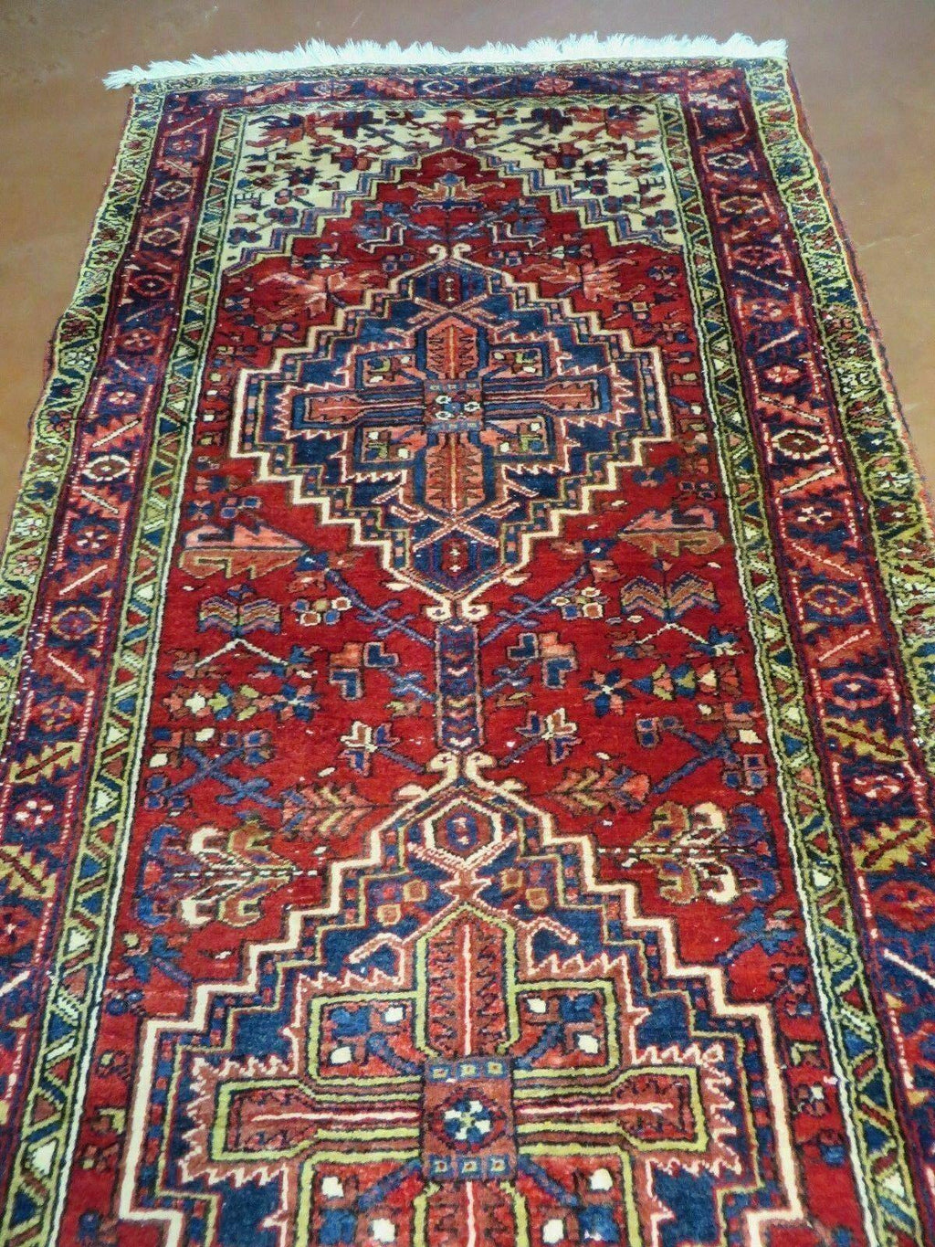 Persian Runner Rug, Heriz Runner Rug, Geometric Medallions, Red Cream Navy Blue Wool Hallway Rug 3.9 x 10.8 Antique Oriental Runner Handmade