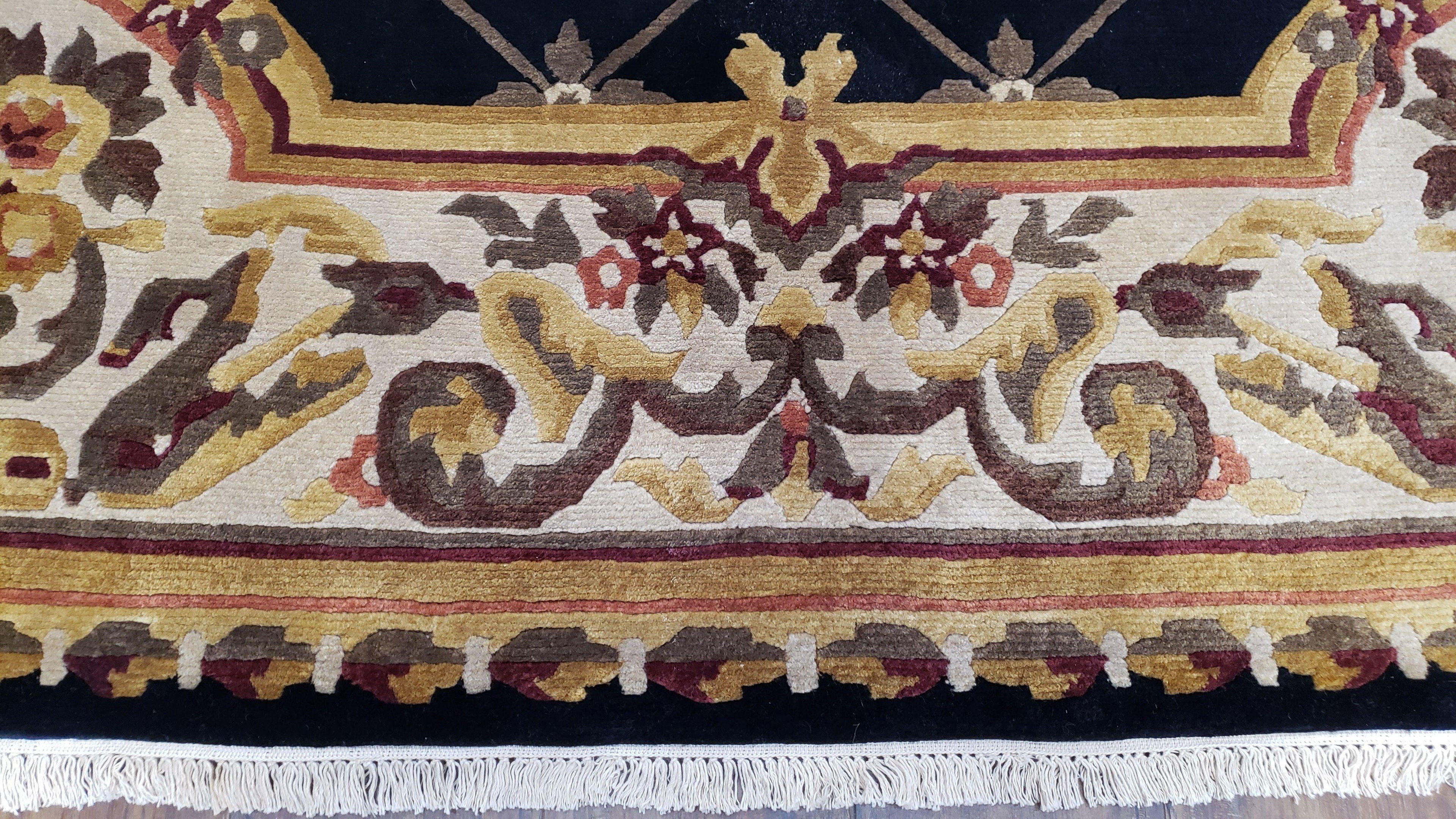 Nepal Rug 6x9, Nepalese Aubusson Area Rug 6 x 9, Hand-Knotted Wool Soft Pile Black & Beige Tibetan Aubusson New Carpet European Savonnerie