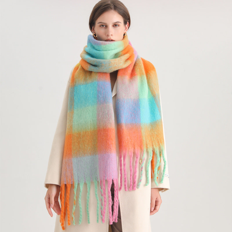 New Luxury Winter Soft Head Wraps Plaid Scarf Shawls Cashmere  Warm Cashmere Scarves Rainbow For Women