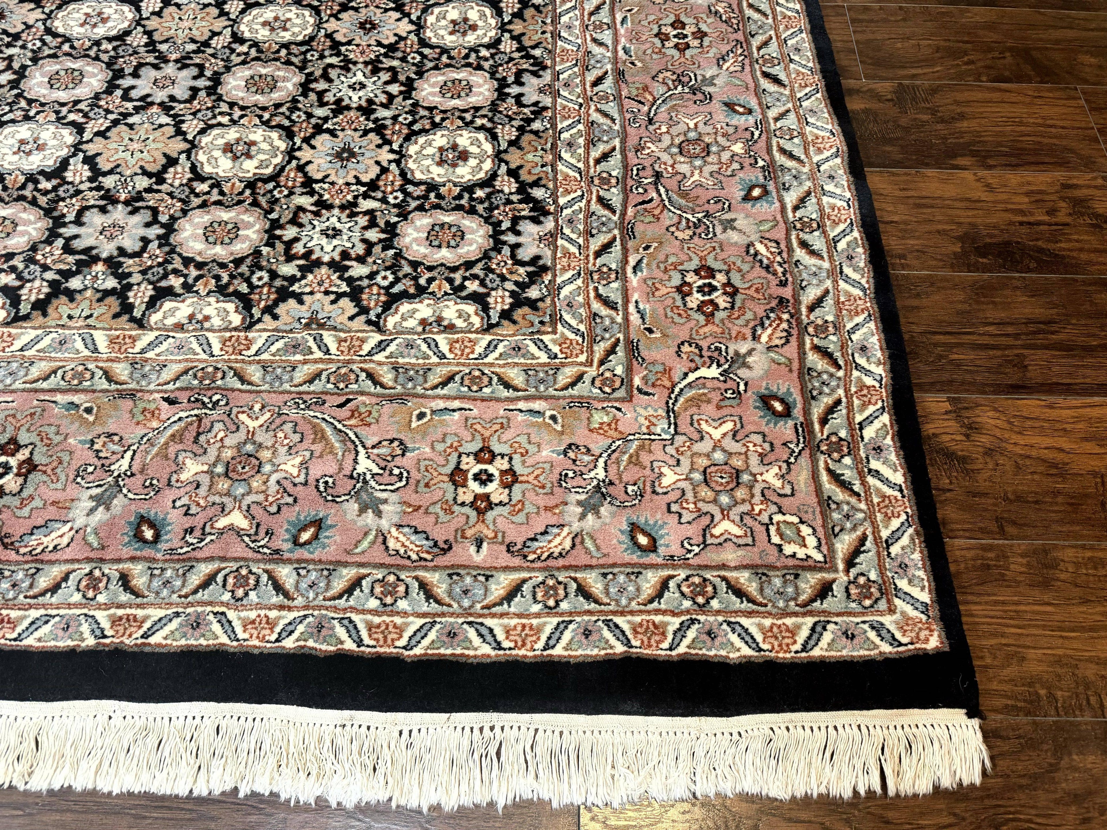 Indo Persian Rug 9x12, Vintage Handmade Wool Carpet, Repeated Allover Motif, Navy Blue and Pink