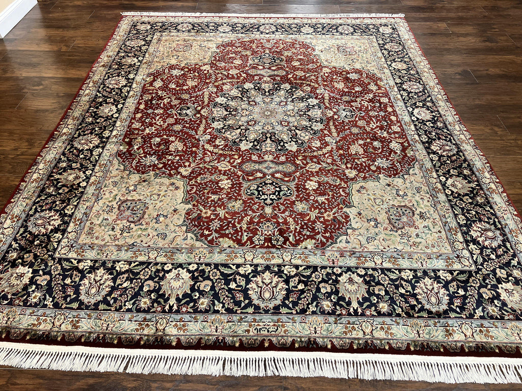 Pak Persian Rug 8x10, Wool Hand Knotted Vintage Carpet, Dark Red & Navy Blue, Dome Design Floral Medallion Rug, 8 x 10 Oriental Rug