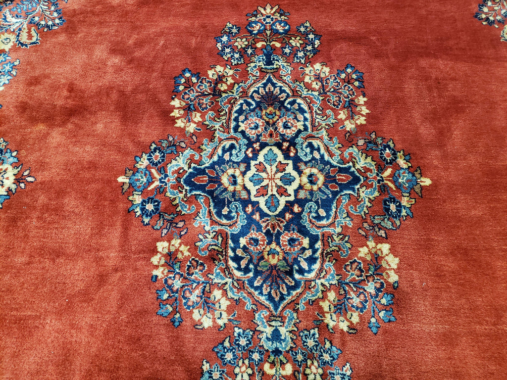 Semi Antique Persian Sarouk Rug 9x12,  Semi Open Field with Central Medallion, Hand Knotted Wool, Tomato Red, 9 x 12 Authentic Oriental Carpet