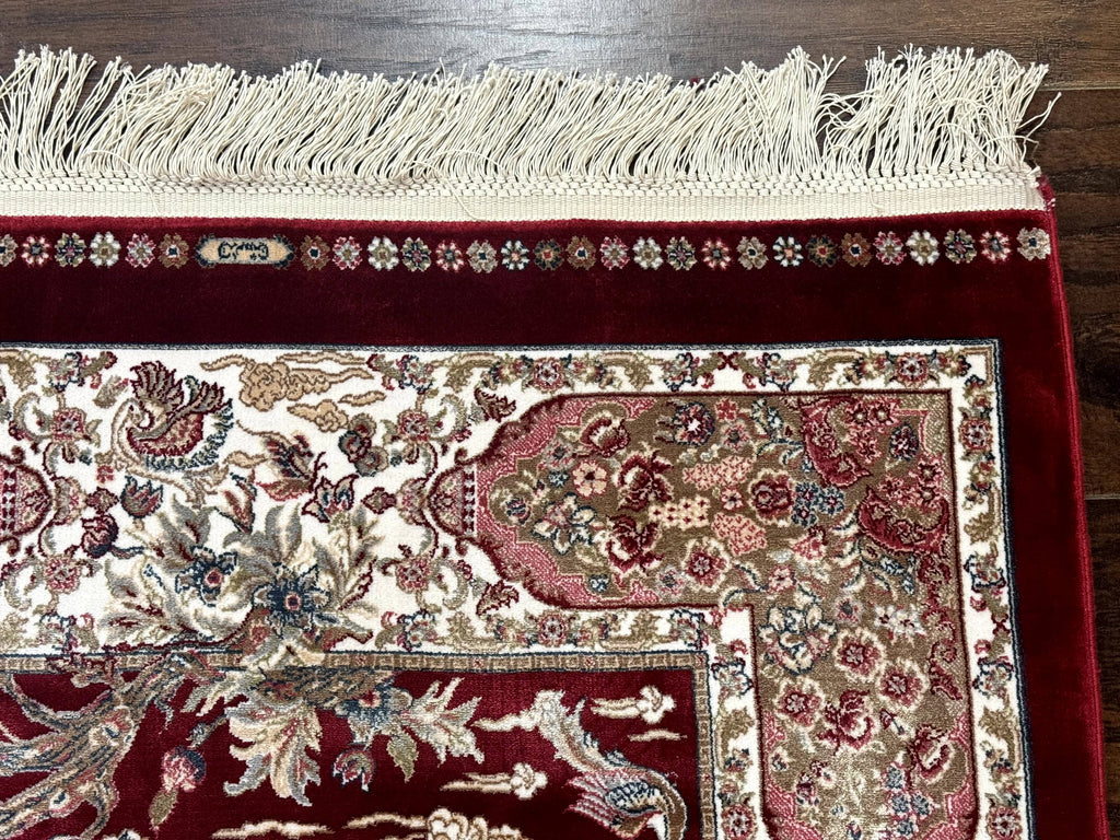 Dark Red Turkish Silk Rug 2.6 x 4, Hunting Design Scene, Bamboo Silk