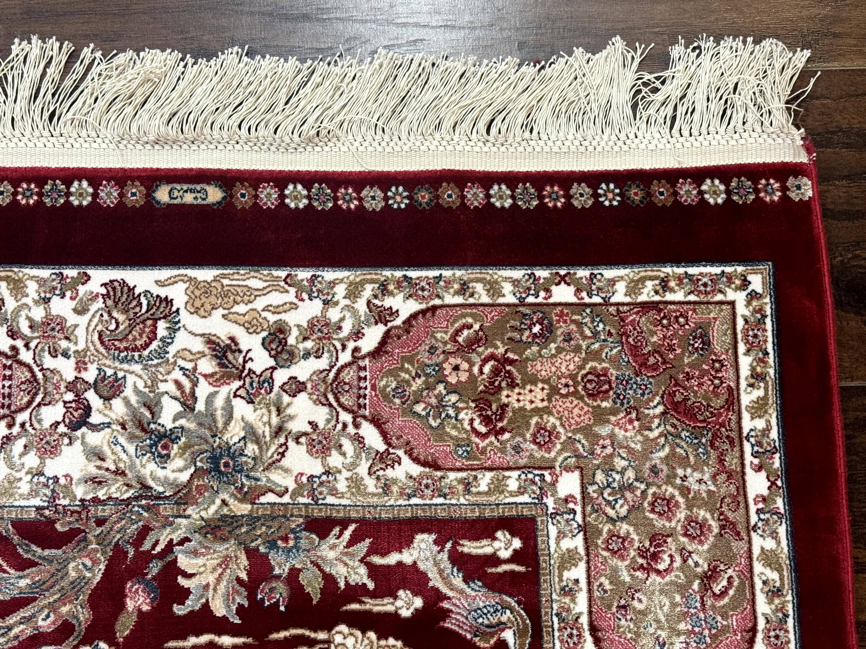 Dark Red Turkish Silk Rug 2.6 x 4, Hunting Design Scene, Bamboo Silk