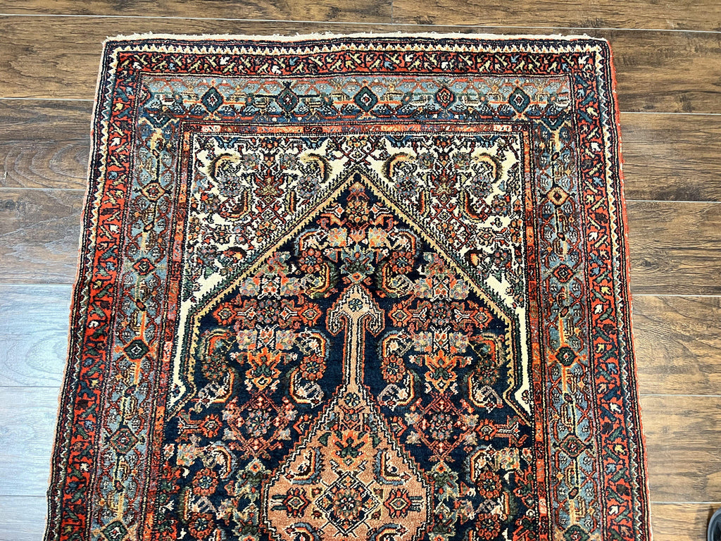 Antique Persian Runner Rug 3.7 x 15.8, Navy Blue Multicolor, Hand Knotted Handmade Wool Rug for Hallway, Geometric Medallions, Persian Hamadan Rug