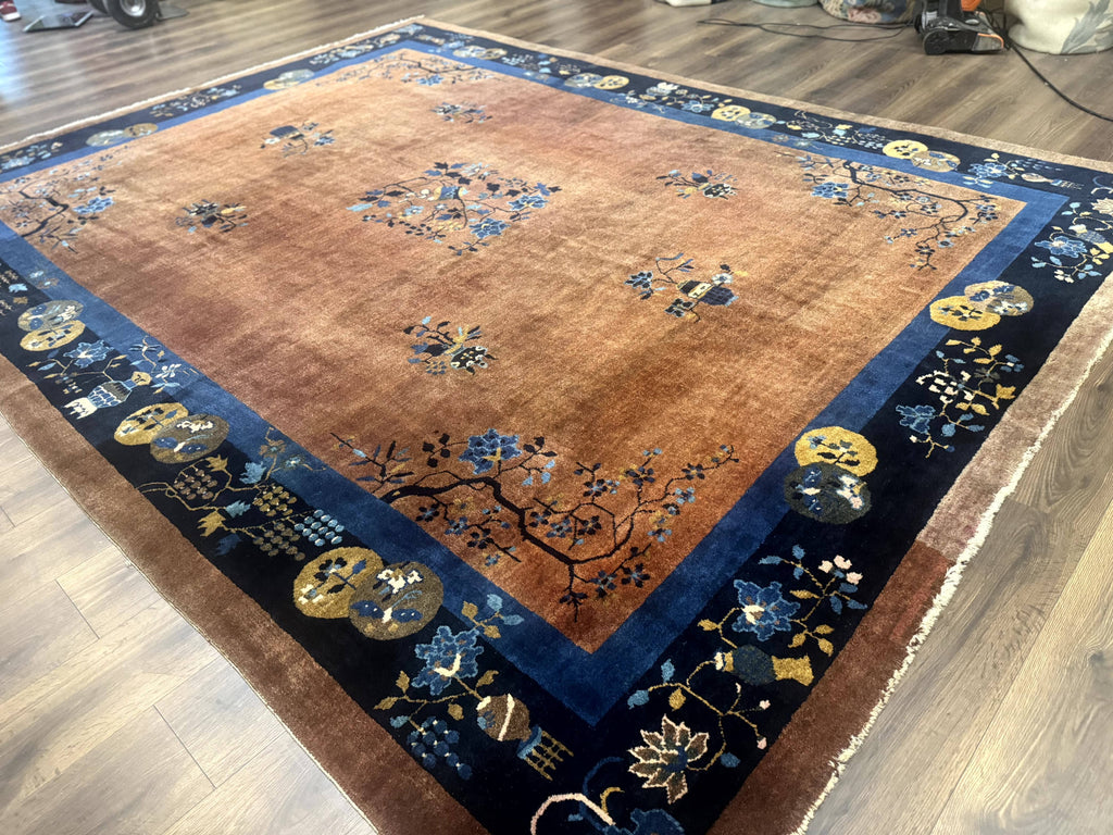Antique Chinese Wool Rug 9x12, Light Brown and Navy Blue, Fete Peking Art Deco
