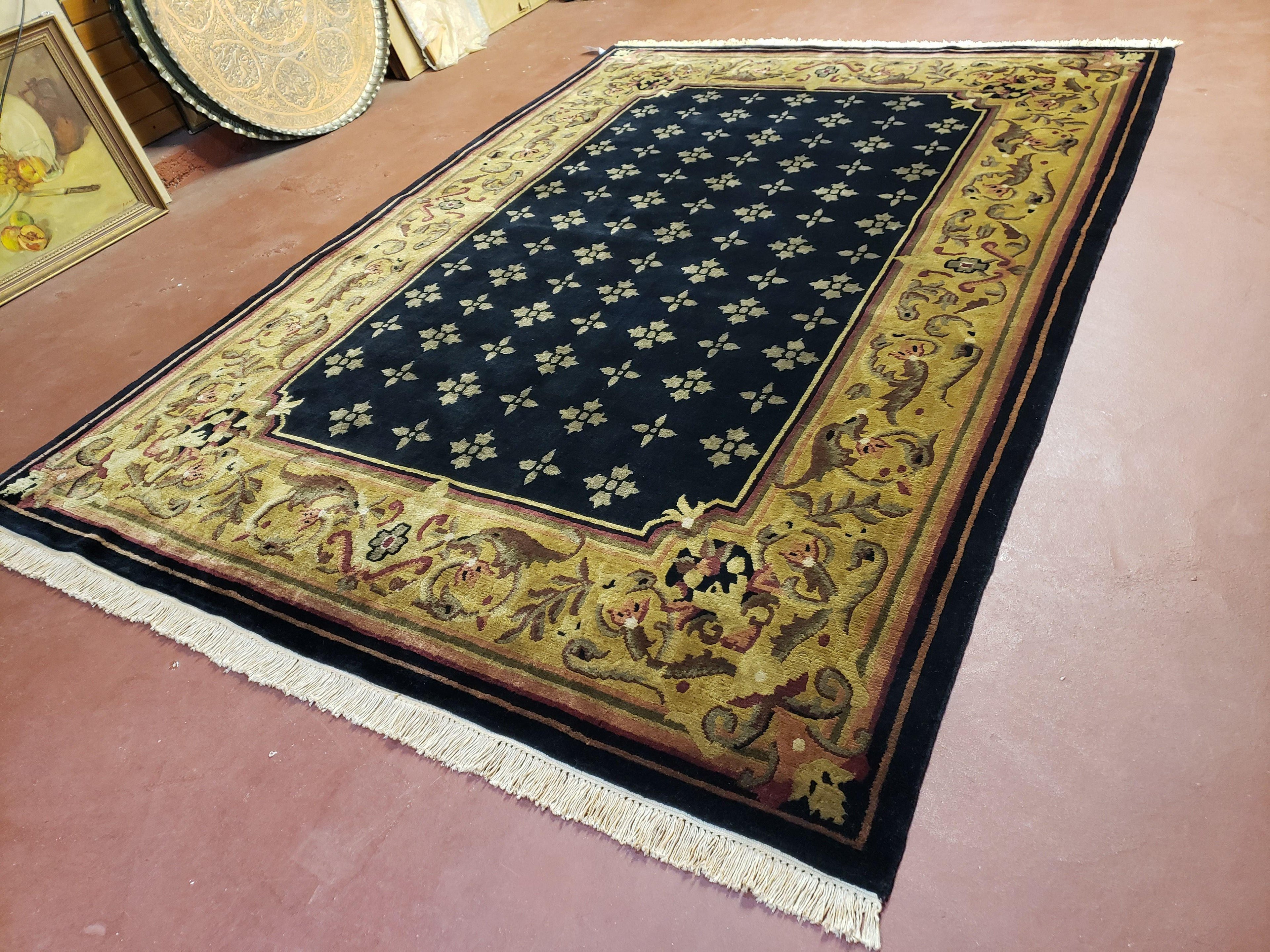 6x9 Aubusson Design Nepali Tibetan Rug Black & Tan Hand-Knotted Wool Carpet Soft Plush Pile New Rug Nice