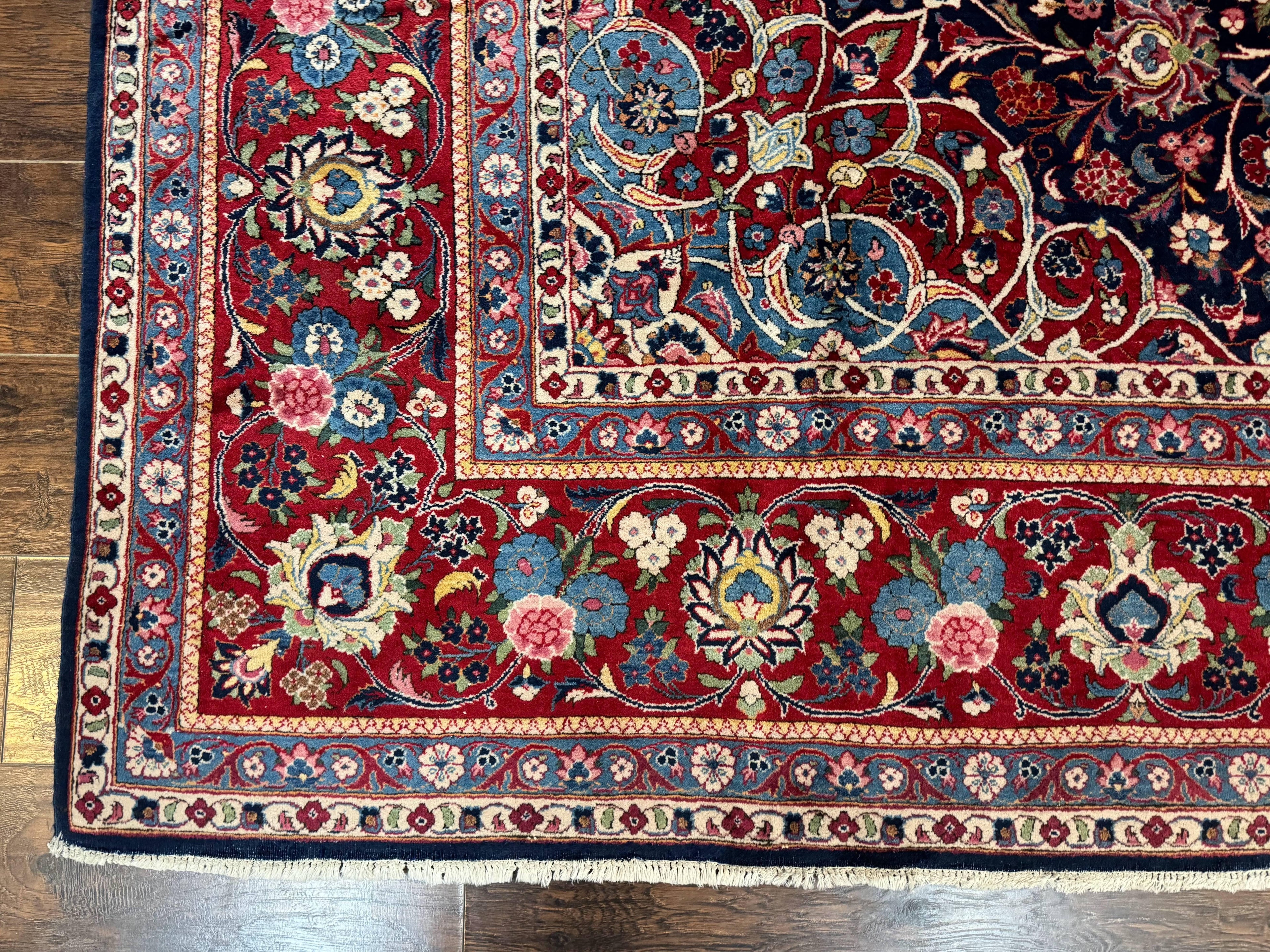 Navy Blue Persian Rug 9x12, Antique Persian Carpet, Kork Wool, 200 KPSI, Persian Kashan Rug