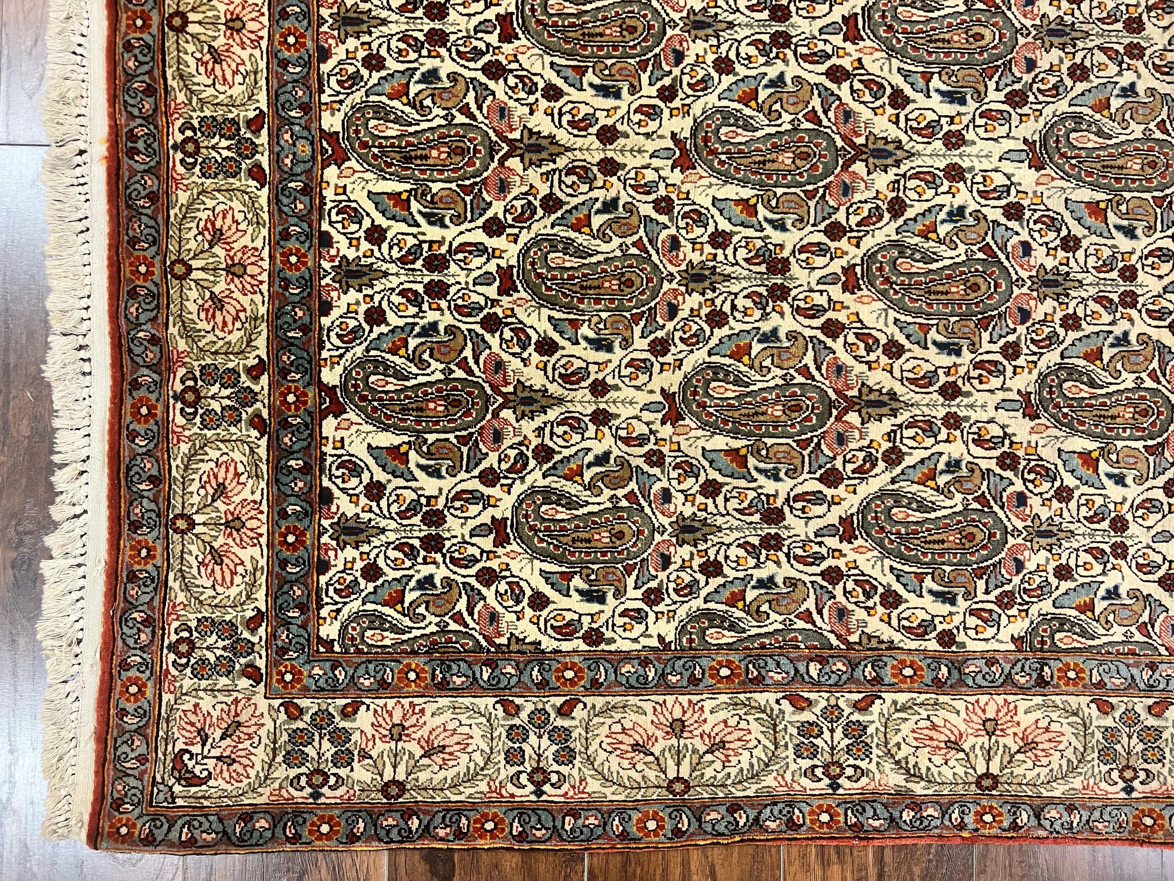Persian Qum Rug 5x6, Cream Wool Hand Knotted Carpet, Repeated Boteh Paisely Design, Semi Antique Vintage Rug, Very Fine Weave 5 x 6 Rug