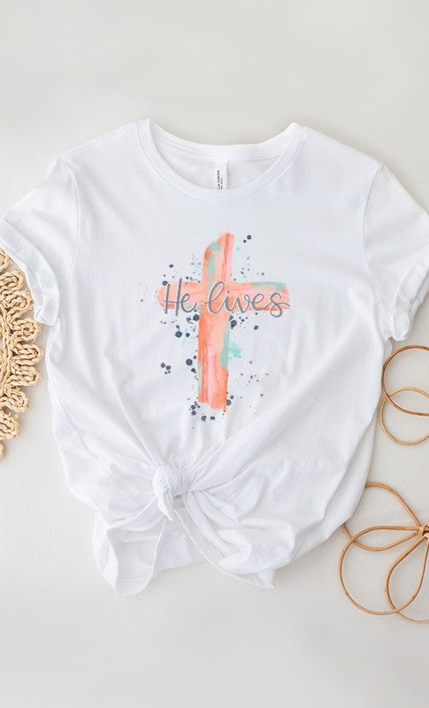 Watercolor He Lives Cross Easter PLUS Graphic Tee T-Shirt