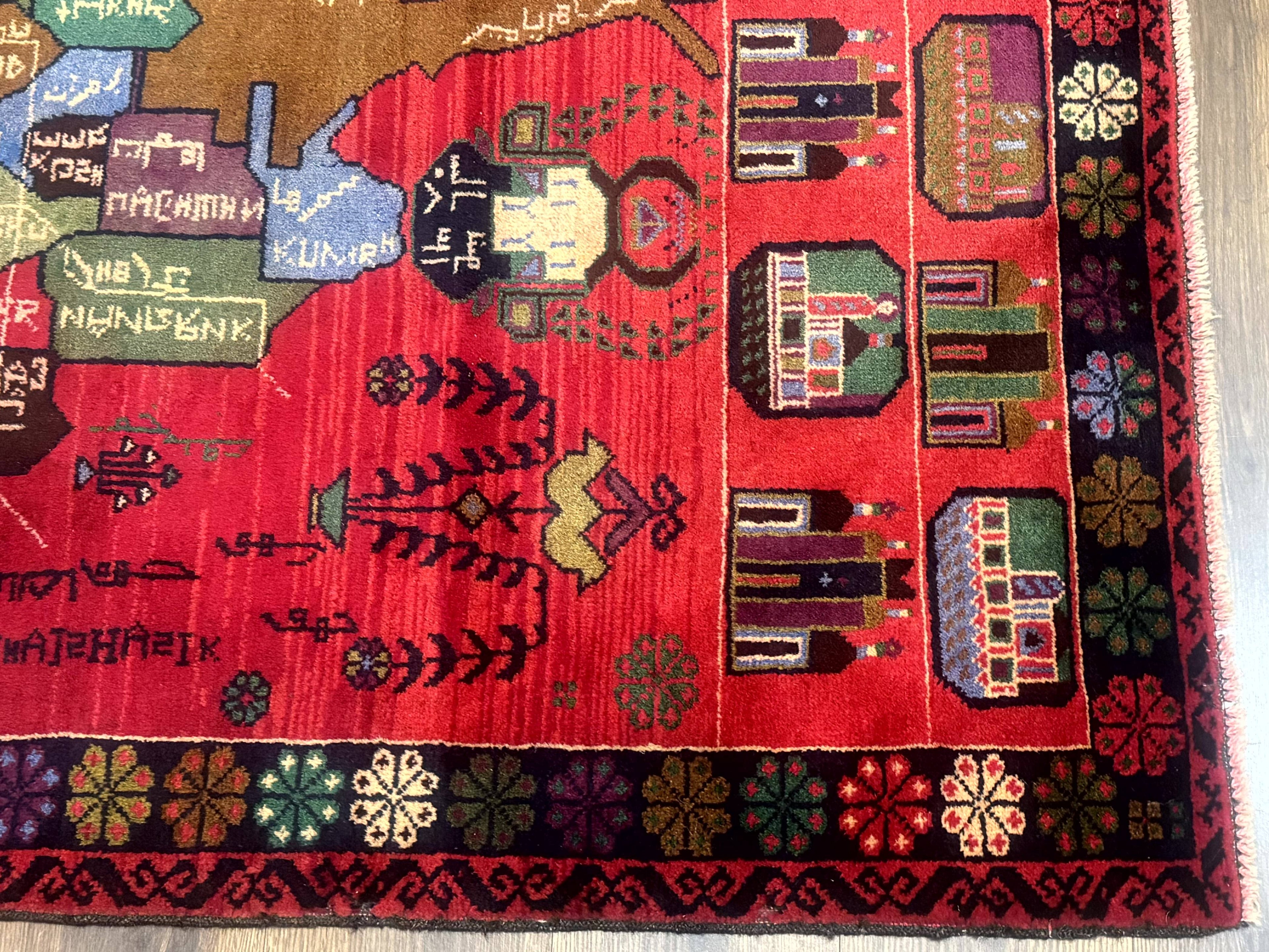 Afghan Rug 3x7, Map of Afghanistan, War Rug, Tribal Rug, Balouch Rug, New, Red