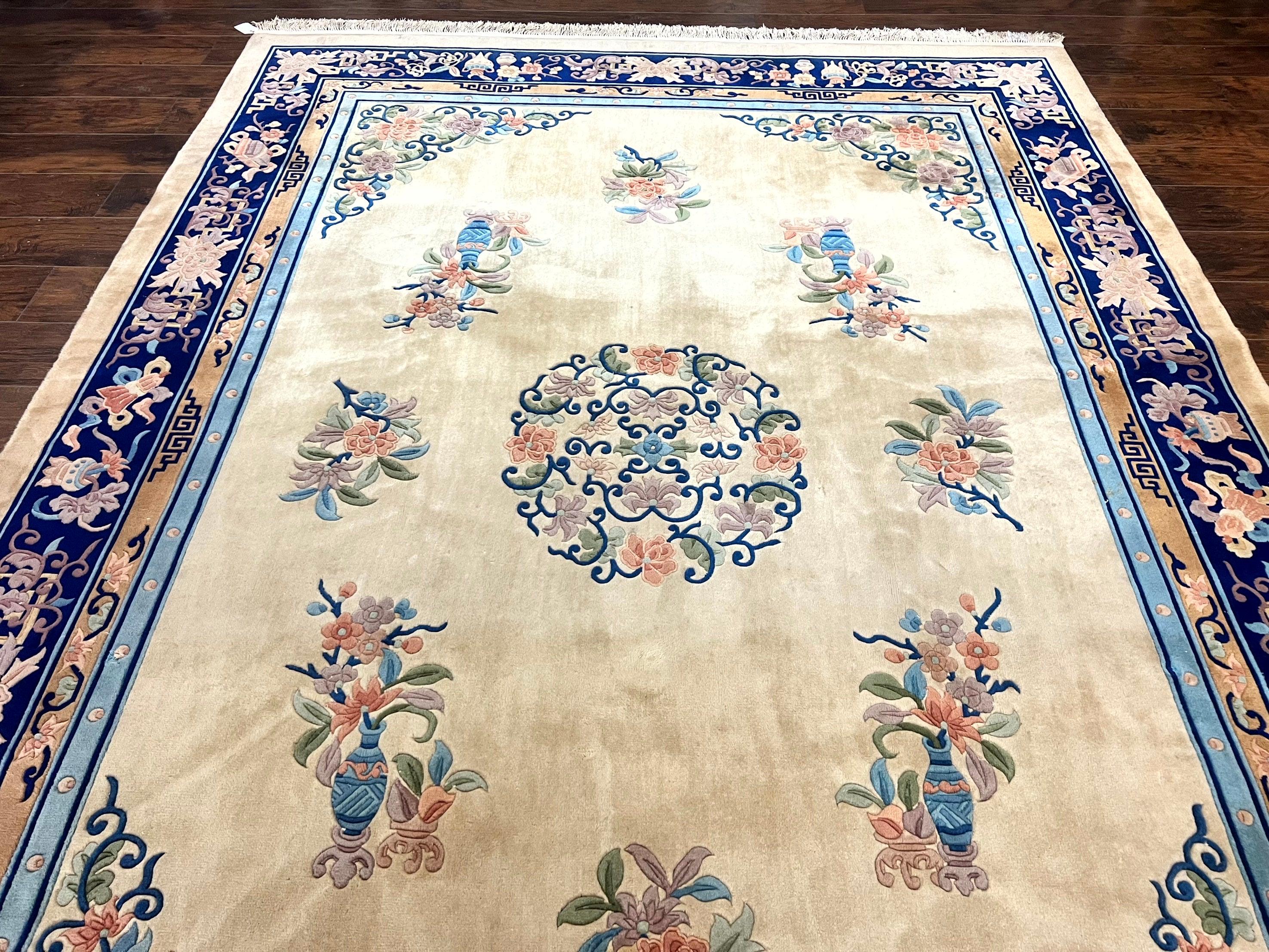 Chinese Wool Rug 8x11, Peking Asian Oriental Carpet, Cream/Ivory and Blue, Vintage Handmade Rug, Art Deco Rug
