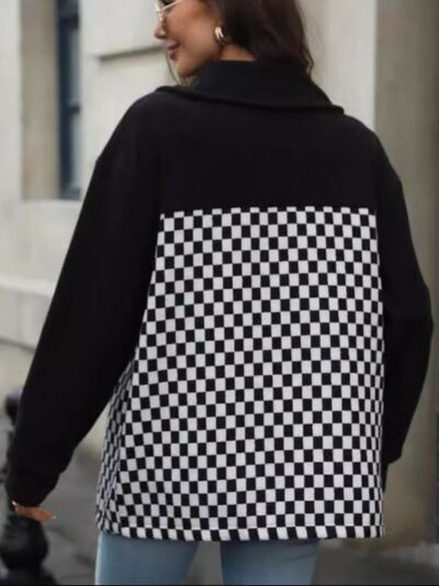 Black Checkered Snap Down Long Sleeve Jacket Stylish & Functional Buttoned Outerwear