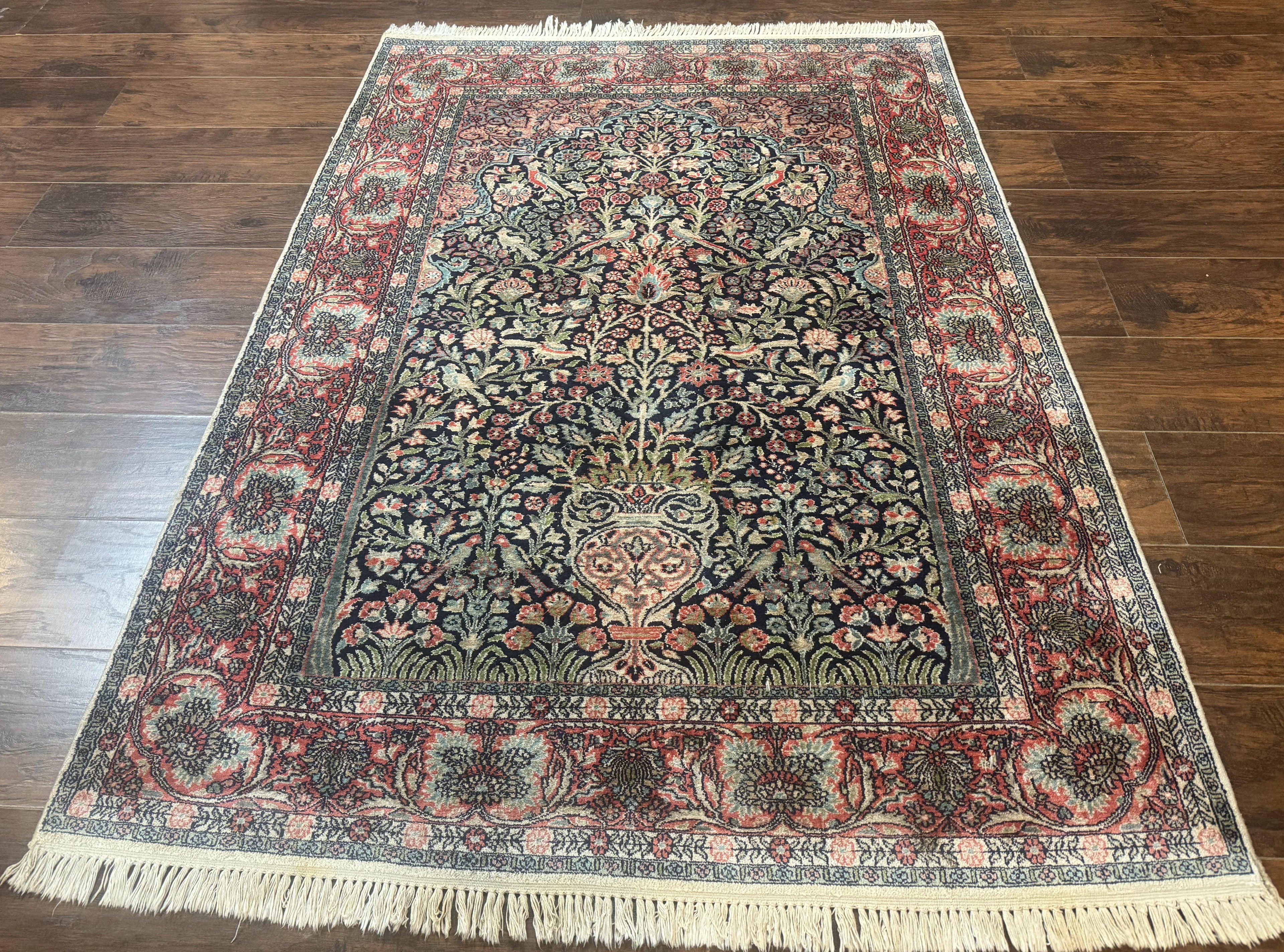Silk Indian Kashmiri Rug 4x6, Tree of Life Pattern, Birds, Fine 290 KPSI, Navy Blue and Red, Handmade Oriental Carpet