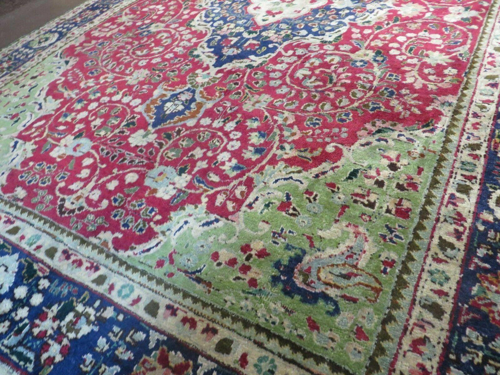 Persian Tabriz Rug 7x10, Red Blue and Green Rug, Allover Floral Medallion Rug, Hand Knotted Rug, Antique Rug 7 x 10 Vintage Wool Oriental Carpet