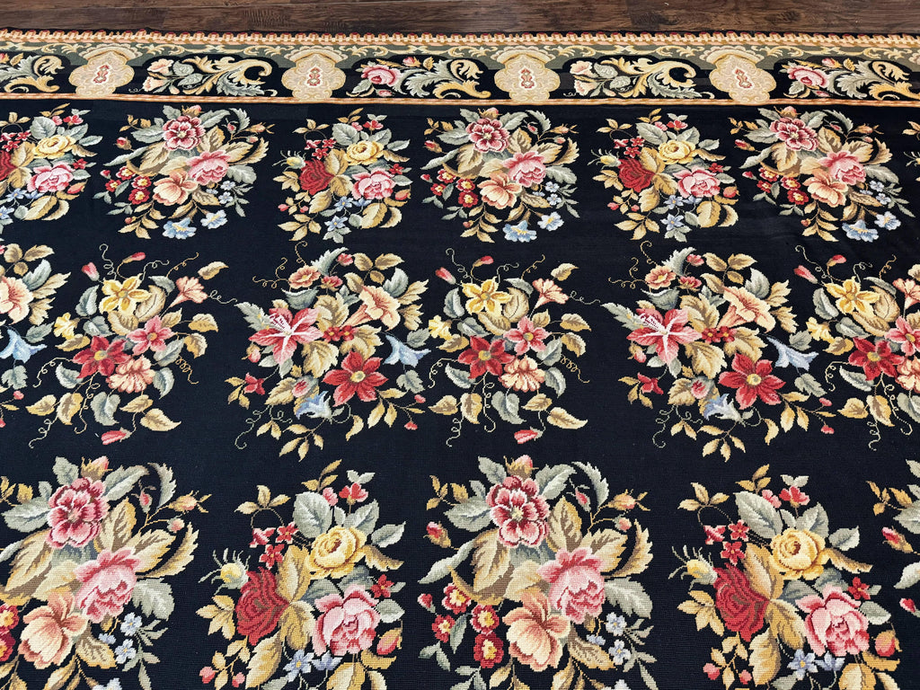Palace Size Needlepoint Rug 12x16, Black and Colorful, Floral Panel, Handmade Oversized Wool Needlepoint Carpet, Rare